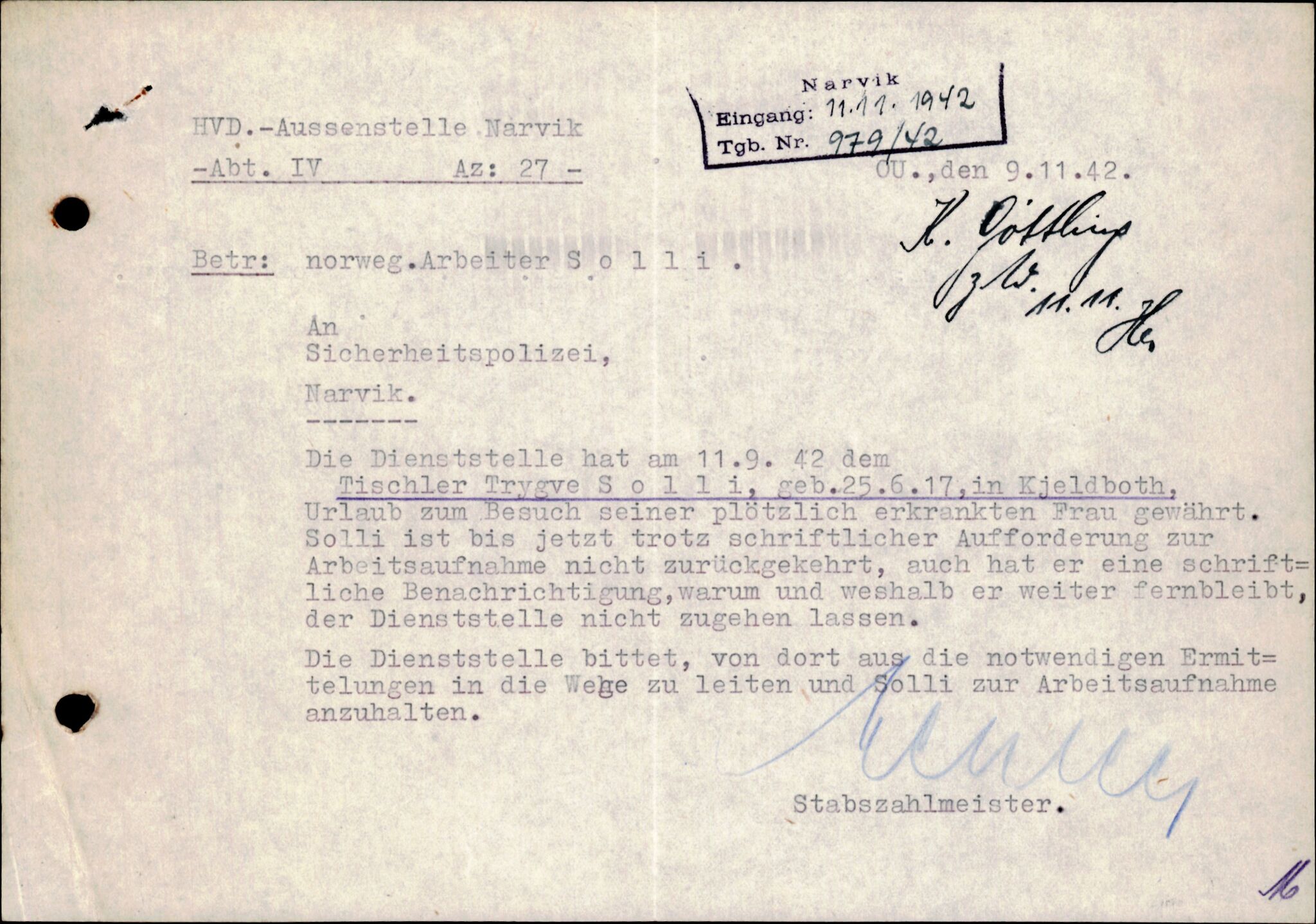 Forsvarets Overkommando. 2 kontor. Arkiv 11.4. Spredte tyske arkivsaker, AV/RA-RAFA-7031/D/Dar/Darc/L0003: Sicherheitspolizei (Sipo) i Narvik, 1941-1942, p. 1281