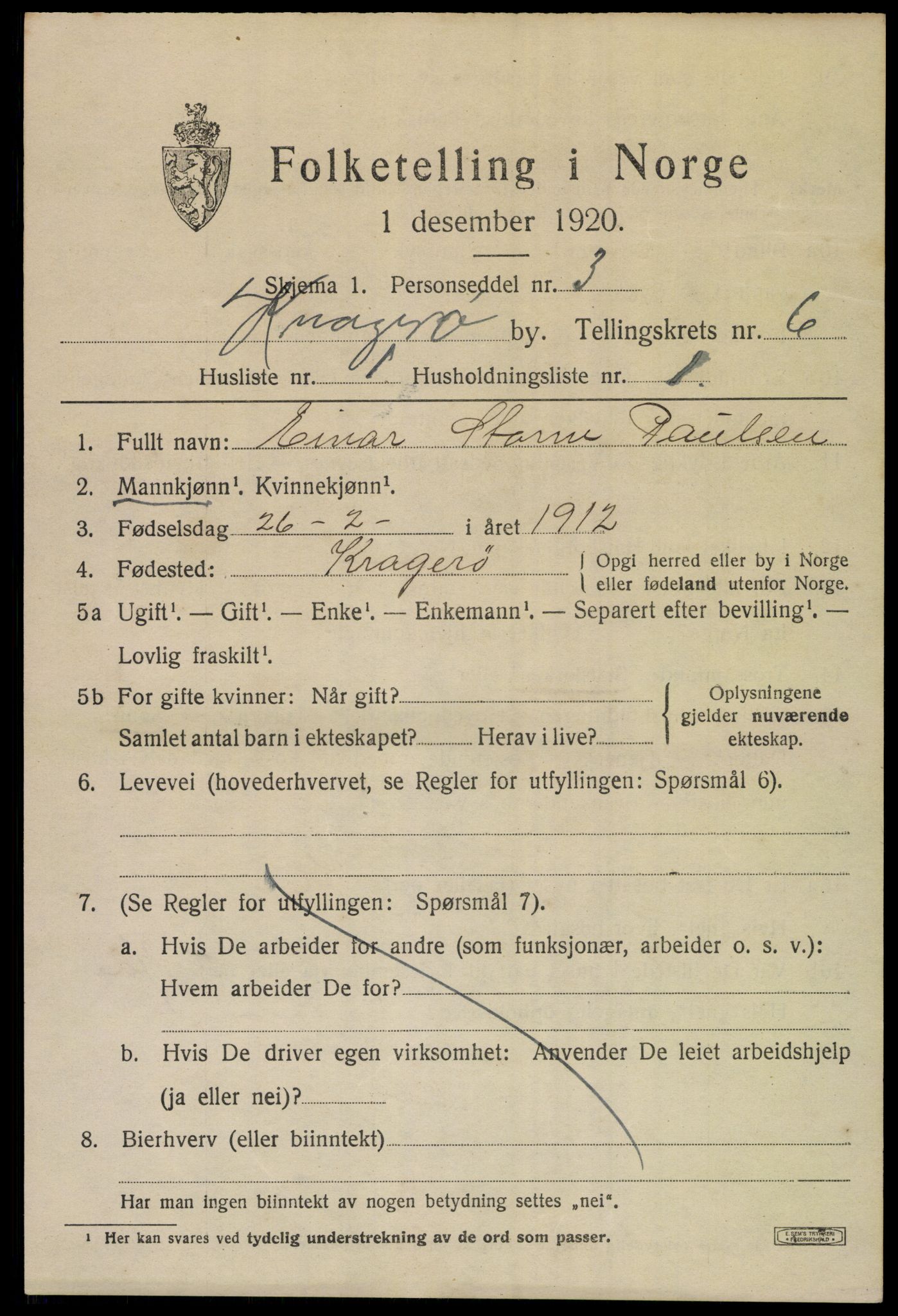 SAKO, 1920 census for Kragerø, 1920, p. 9071