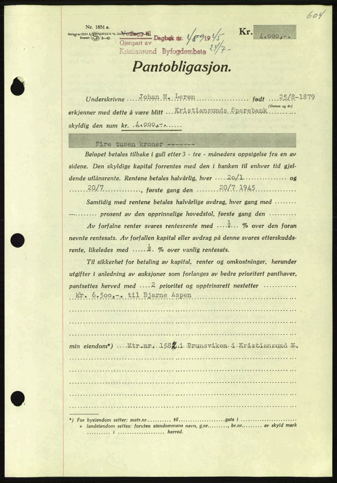 Kristiansund byfogd, AV/SAT-A-4587/A/27: Mortgage book no. 37-38, 1943-1945, Diary no: : 489/1945