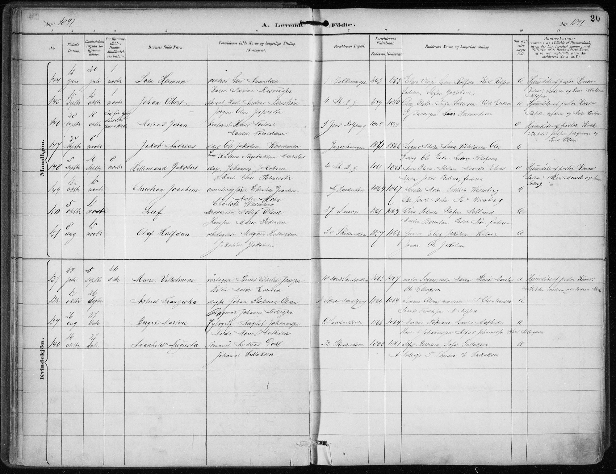 Sandviken Sokneprestembete, AV/SAB-A-77601/H/Ha/L0005: Parish register (official) no. B 2, 1891-1901, p. 20