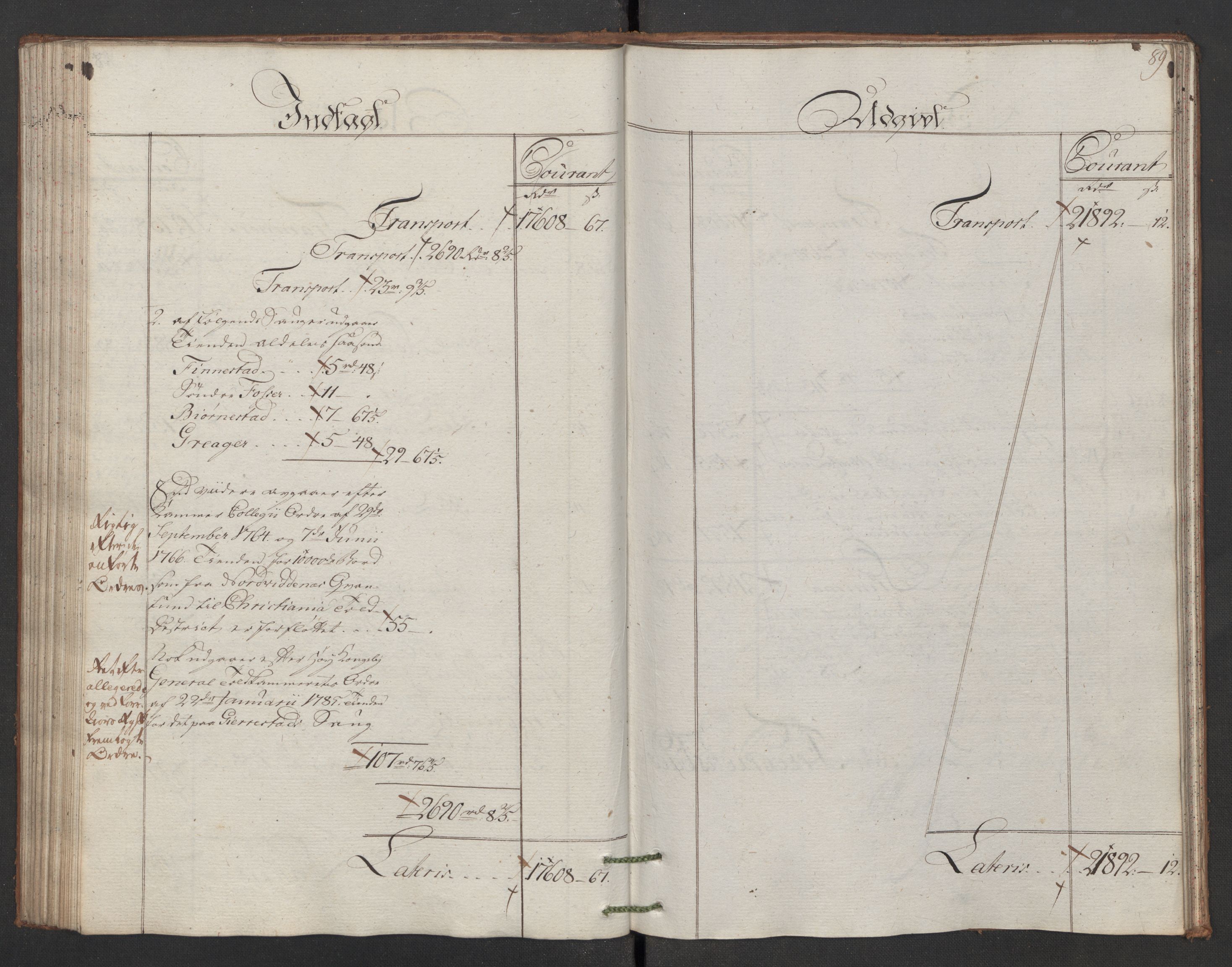 Generaltollkammeret, tollregnskaper, AV/RA-EA-5490/R02/L0092/0001: Tollregnskaper Fredrikstad / Utgående hovedtollbok, 1786, p. 88b-89a