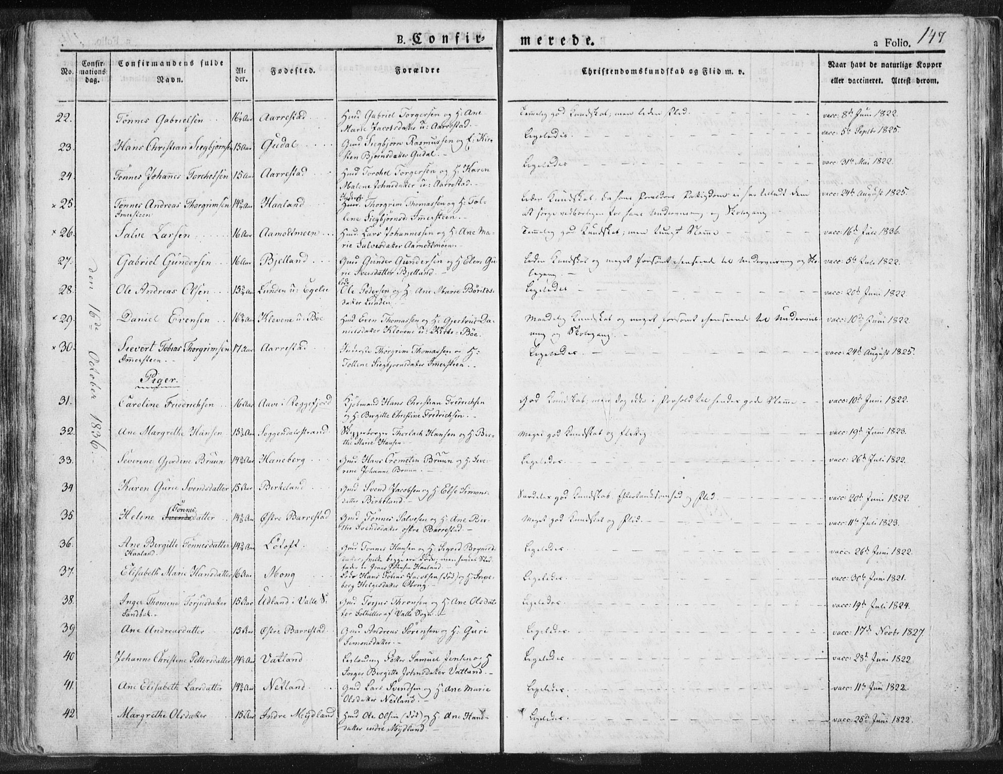 Sokndal sokneprestkontor, AV/SAST-A-101808: Parish register (official) no. A 7.1, 1826-1842, p. 147