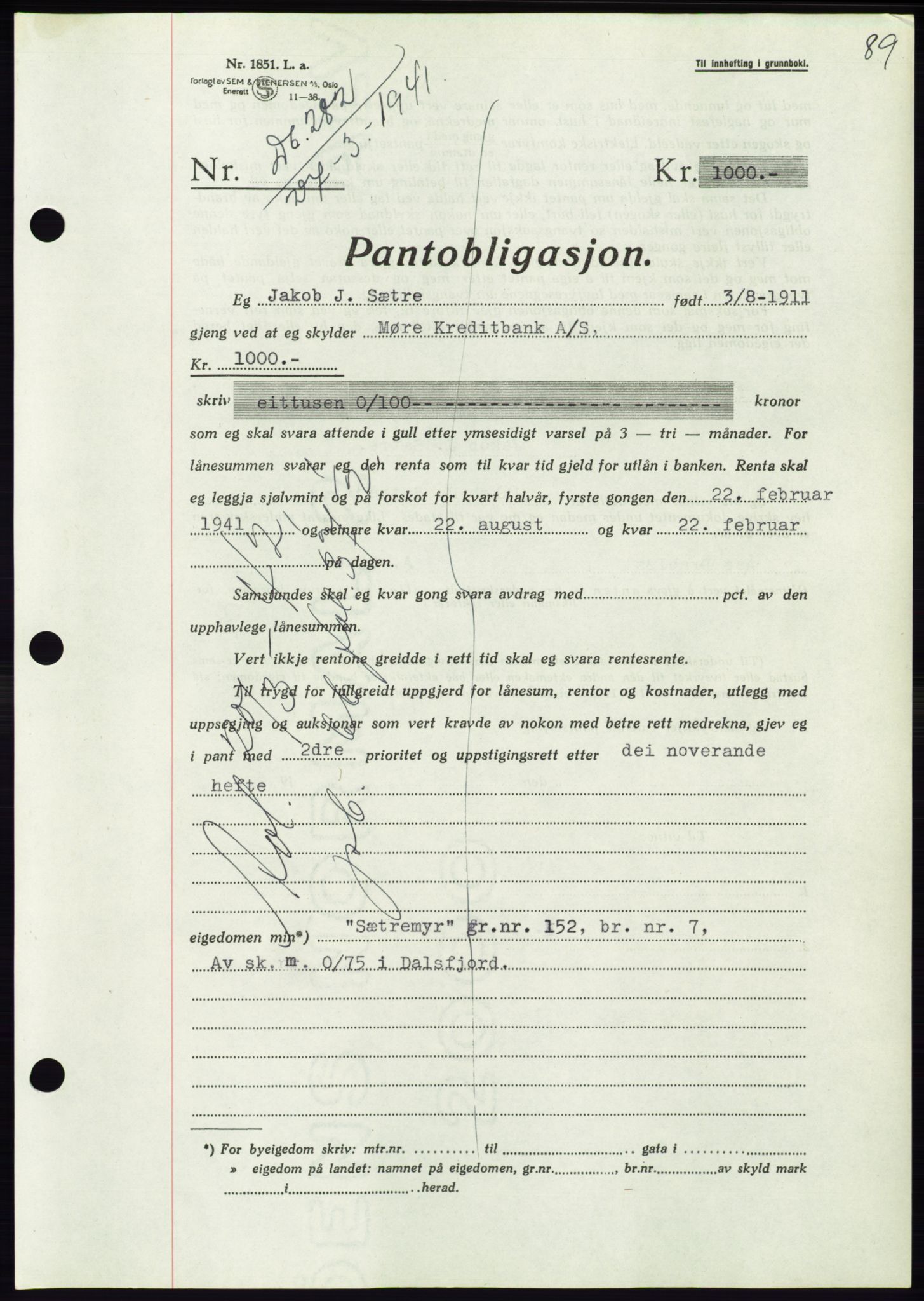 Søre Sunnmøre sorenskriveri, AV/SAT-A-4122/1/2/2C/L0071: Mortgage book no. 65, 1941-1941, Diary no: : 282/1941