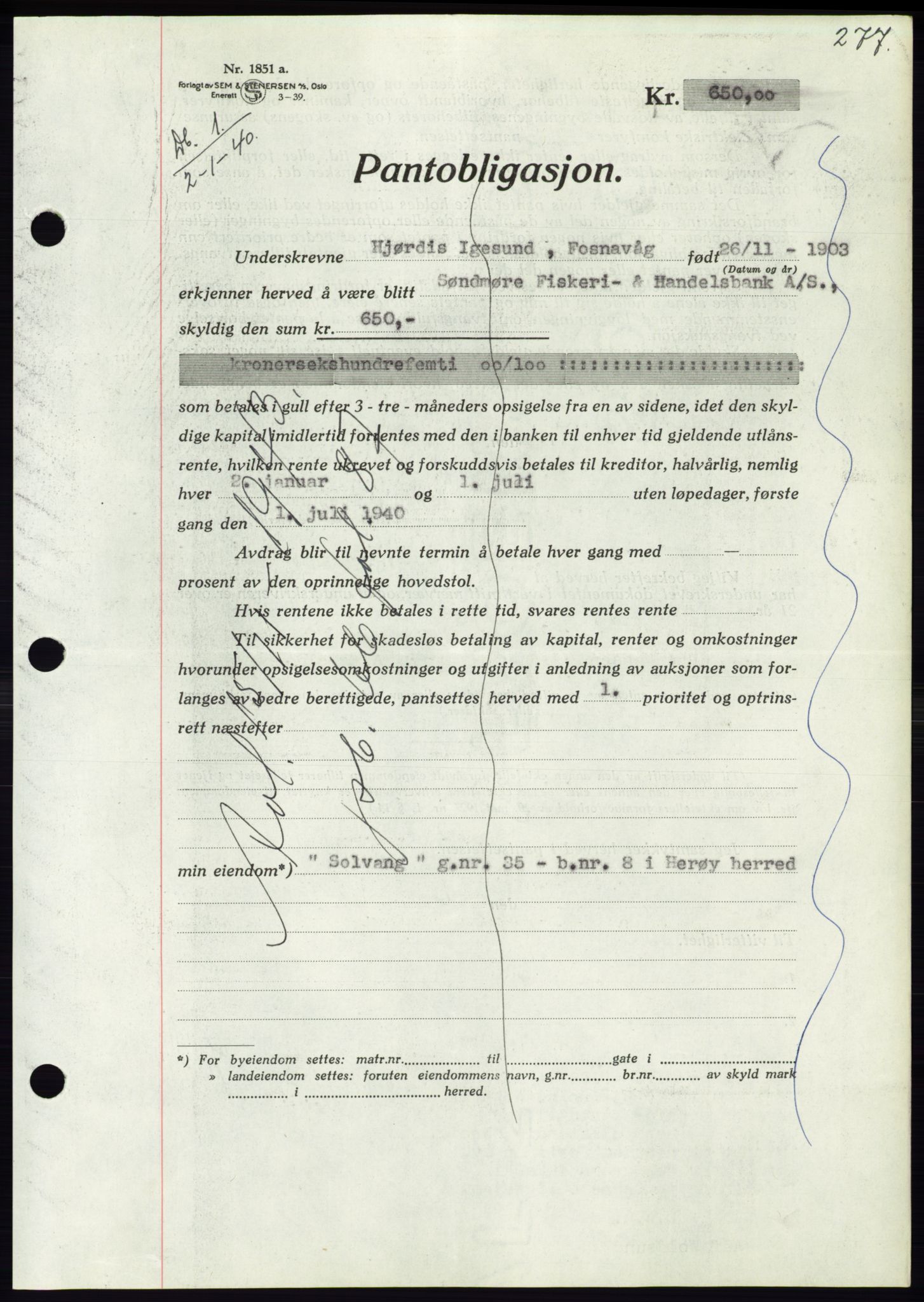 Søre Sunnmøre sorenskriveri, AV/SAT-A-4122/1/2/2C/L0069: Mortgage book no. 63, 1939-1940, Diary no: : 1/1940