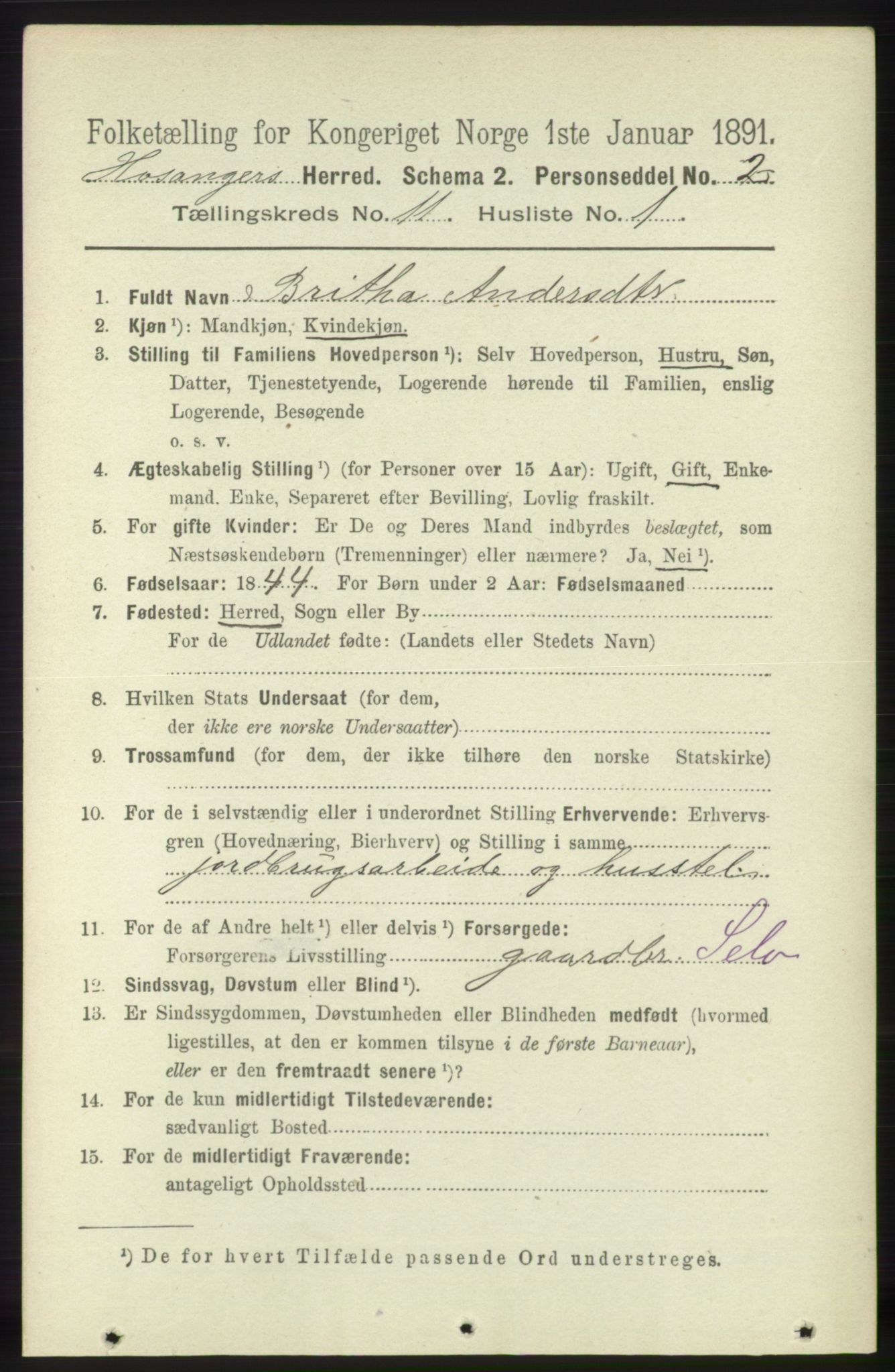 RA, 1891 census for 1253 Hosanger, 1891, p. 3693