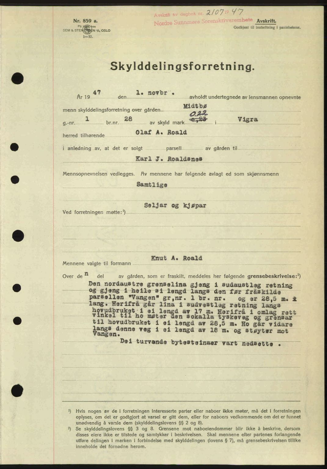 Nordre Sunnmøre sorenskriveri, AV/SAT-A-0006/1/2/2C/2Ca: Mortgage book no. A26, 1947-1948, Diary no: : 2107/1947