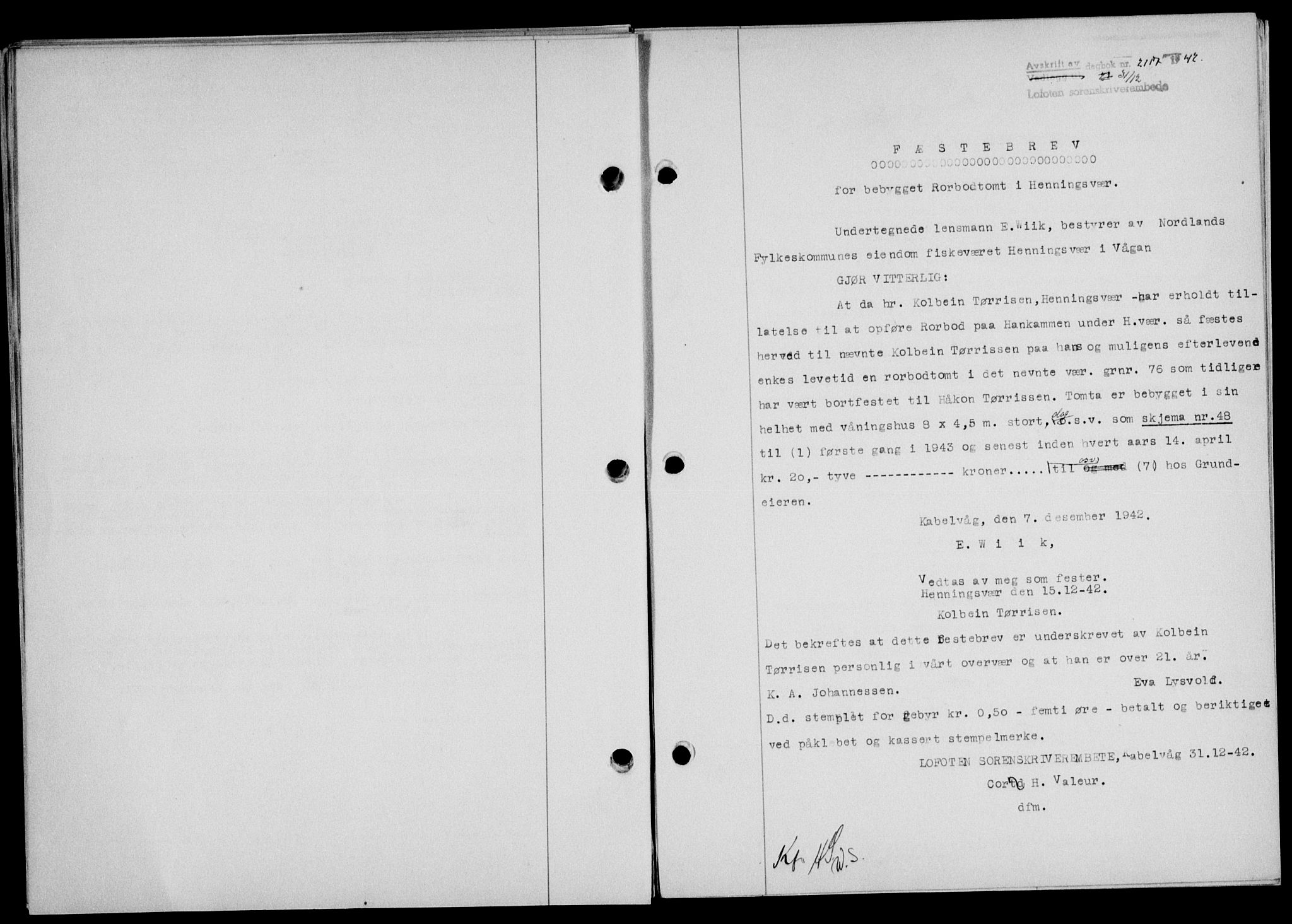 Lofoten sorenskriveri, AV/SAT-A-0017/1/2/2C/L0010a: Mortgage book no. 10a, 1942-1943, Diary no: : 2117/1942