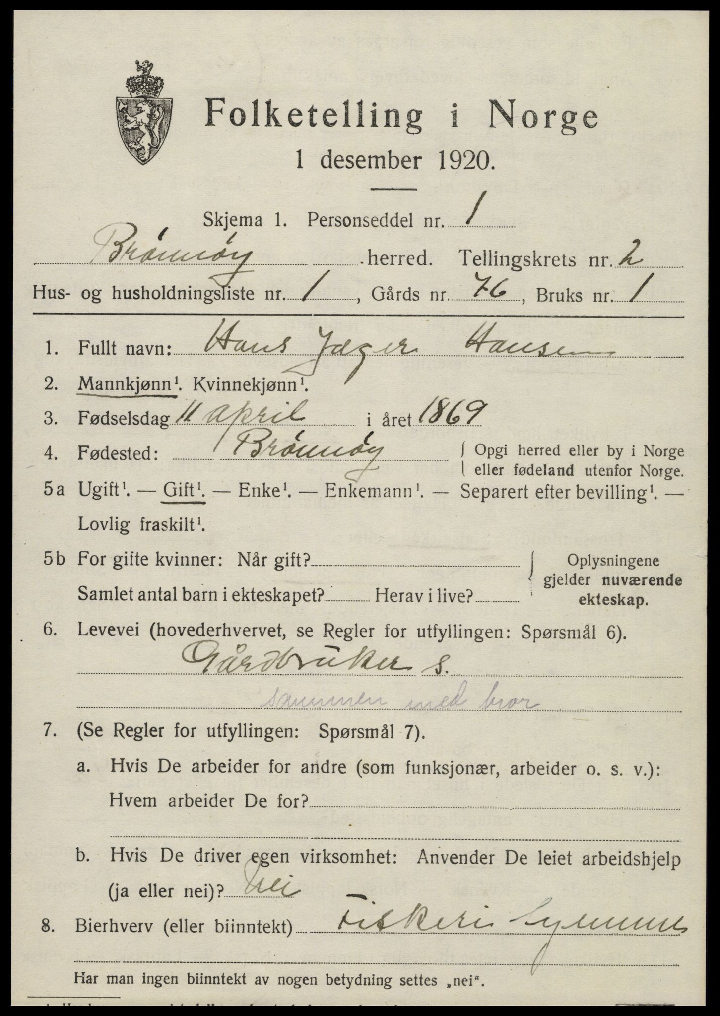 SAT, 1920 census for Brønnøy, 1920, p. 1844