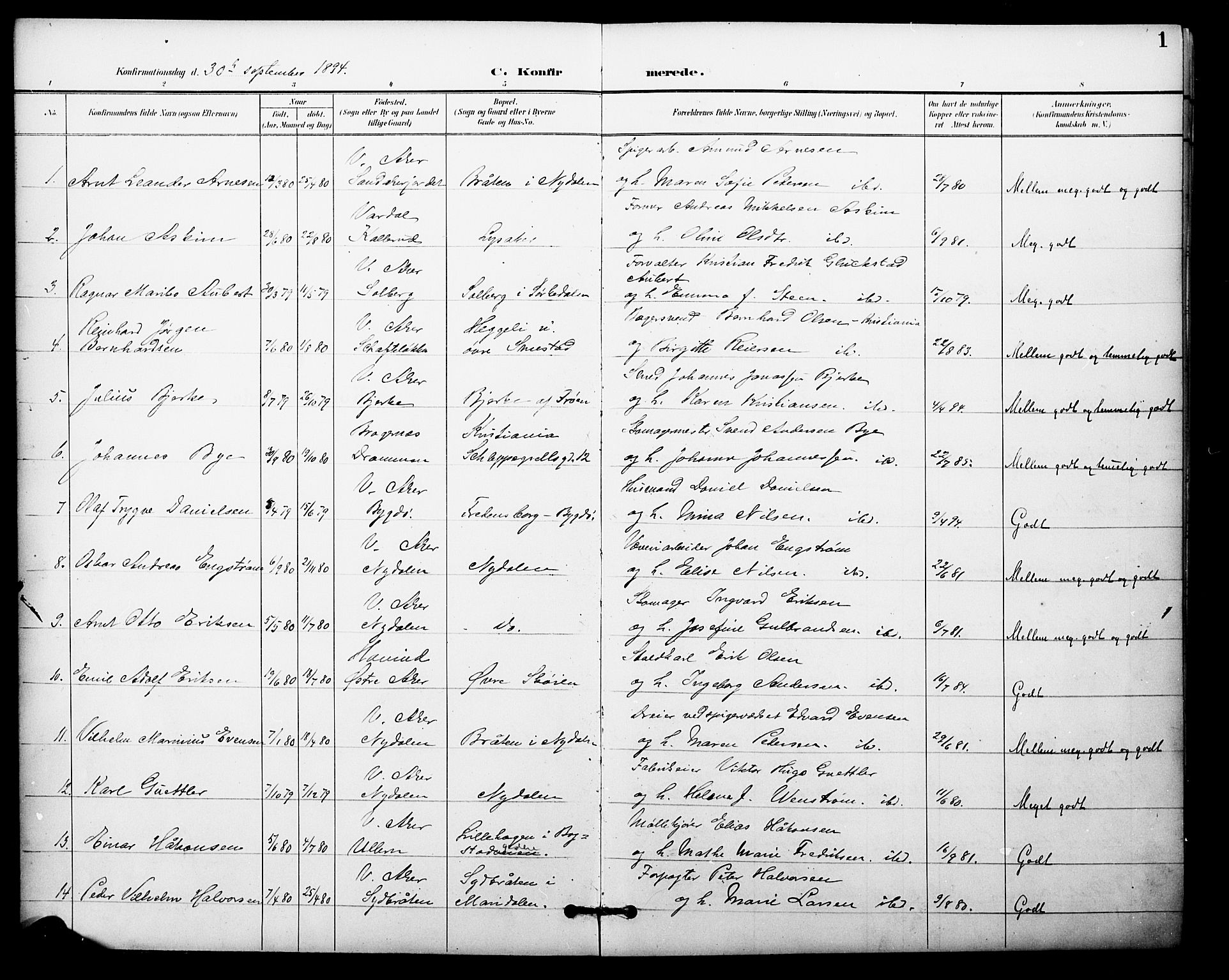 Vestre Aker prestekontor Kirkebøker, SAO/A-10025/F/Fa/L0012: Parish register (official) no. 12, 1894-1909, p. 1