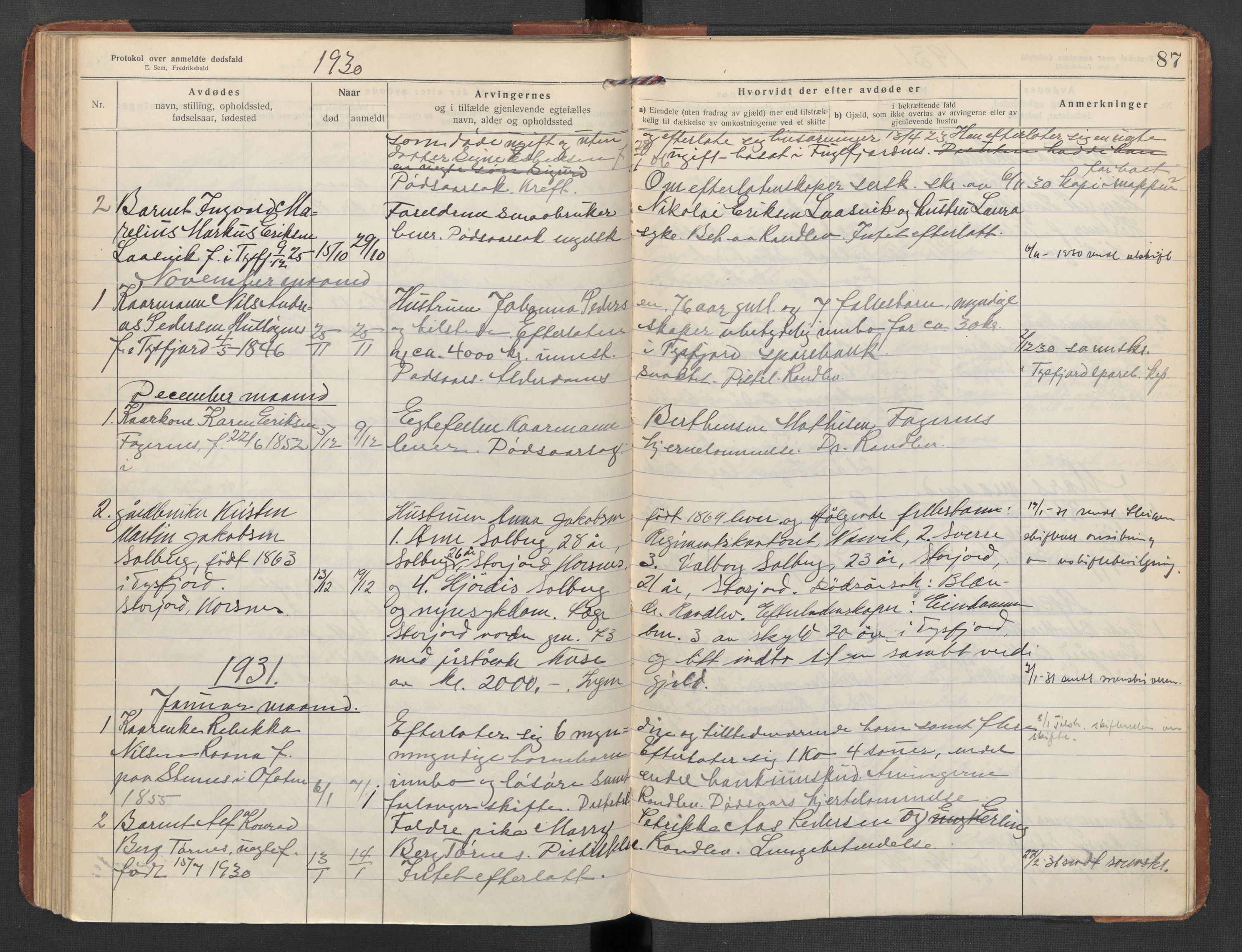 Tysfjord lensmannskontor, AV/SAT-A-5713/1/02/L0034: Dødsfallsprotokoll, 1916-1933, p. 87