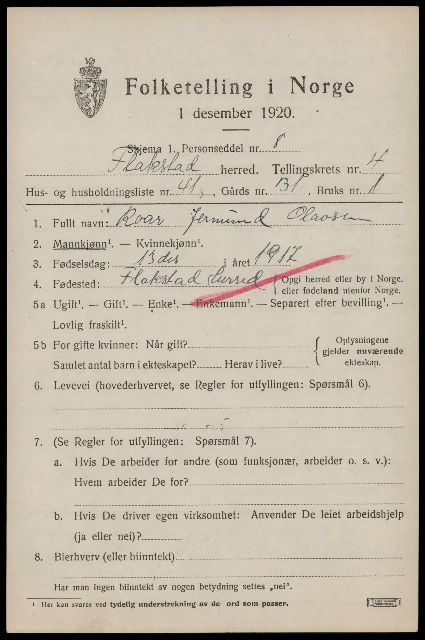 SAT, 1920 census for Flakstad, 1920, p. 3387