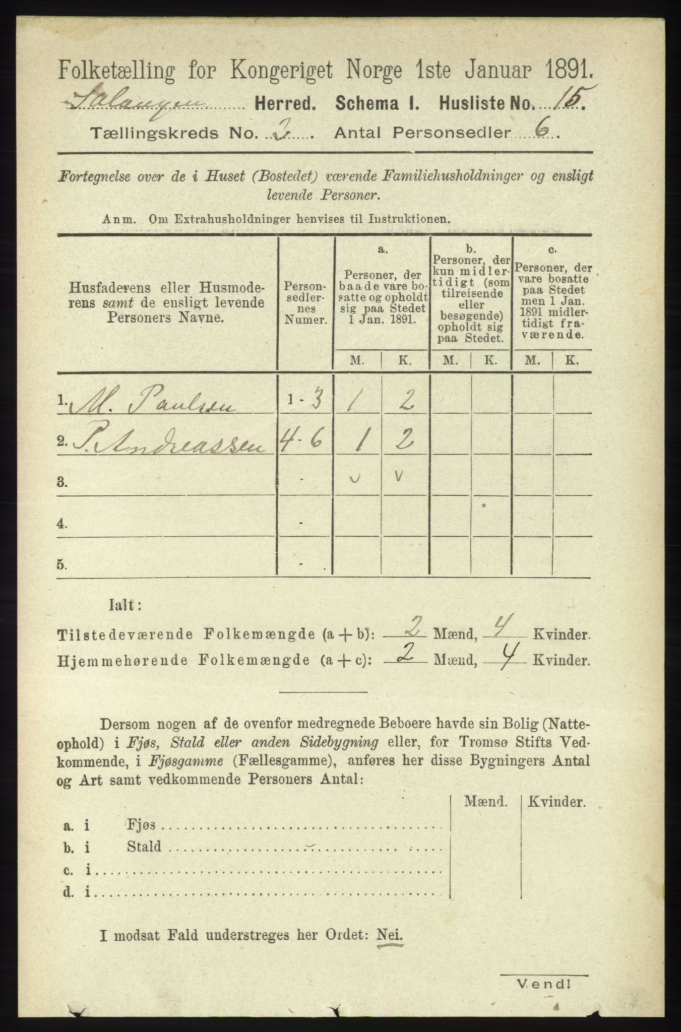 RA, 1891 census for 1921 Salangen, 1891, p. 489