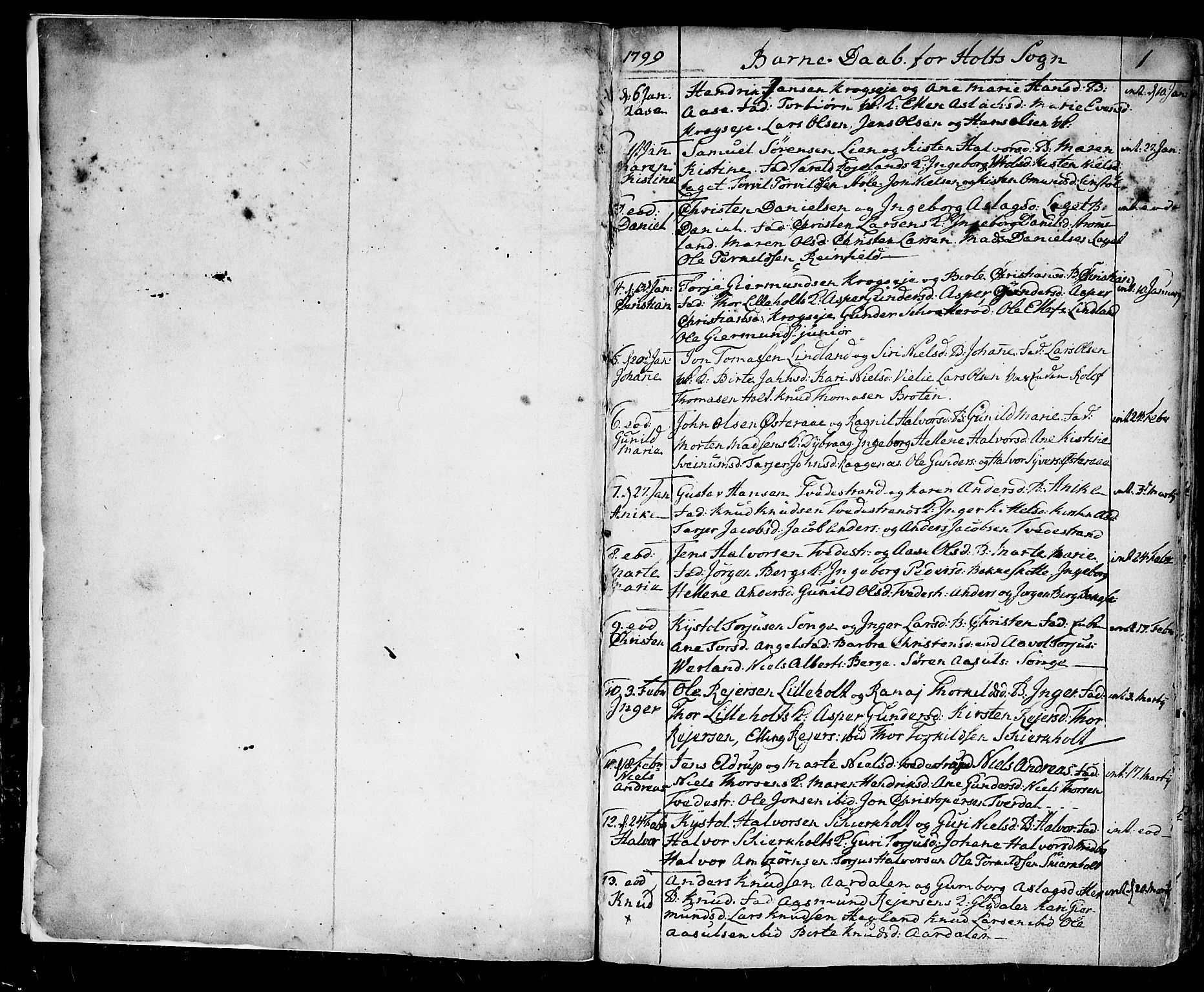 Holt sokneprestkontor, SAK/1111-0021/F/Fa/L0004: Parish register (official) no. A 4, 1799-1813, p. 1