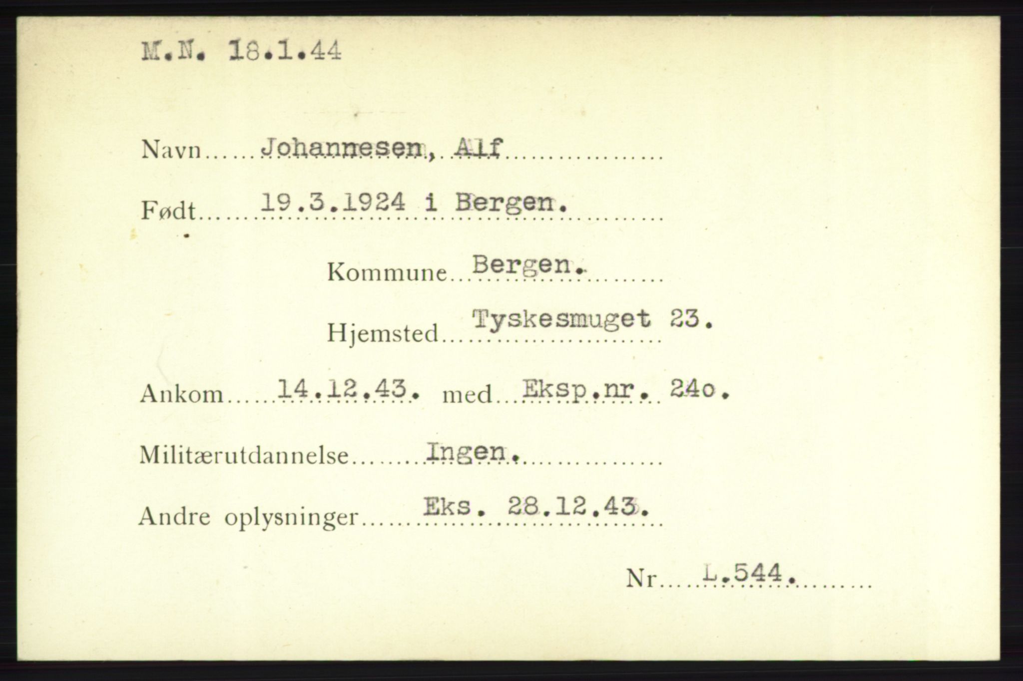 Forsvarets Overkommando. 2. kontor. Arkiv 8.1. Mottakersentralen FDE og FO.II, AV/RA-RAFA-6952/P/Pa/L0010: Jenssen - Jøsevold , 1940-1945, p. 41