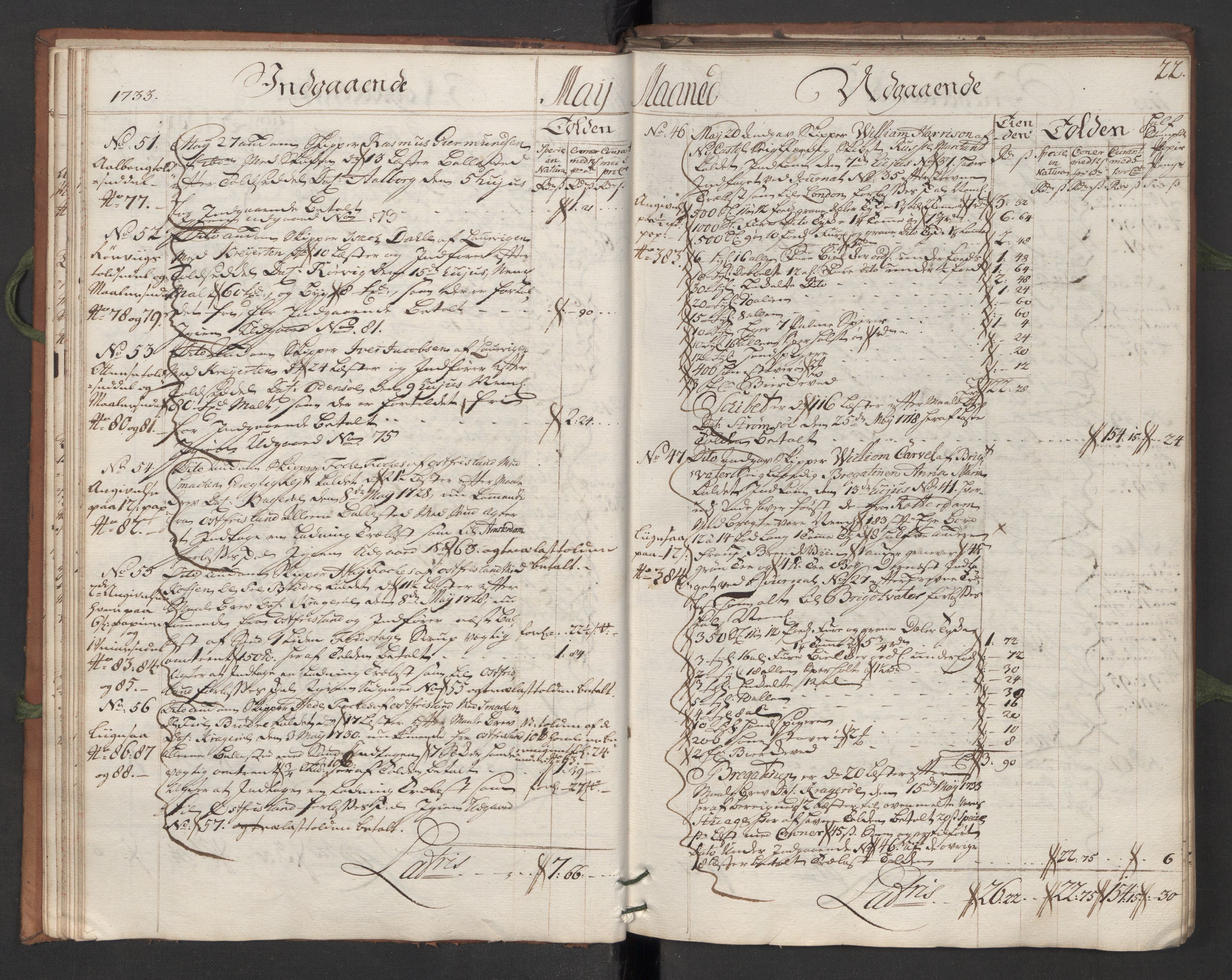 Generaltollkammeret, tollregnskaper, AV/RA-EA-5490/R13/L0007/0001: Tollregnskaper Kragerø / Hovedtollbok, 1733, p. 21b-22a
