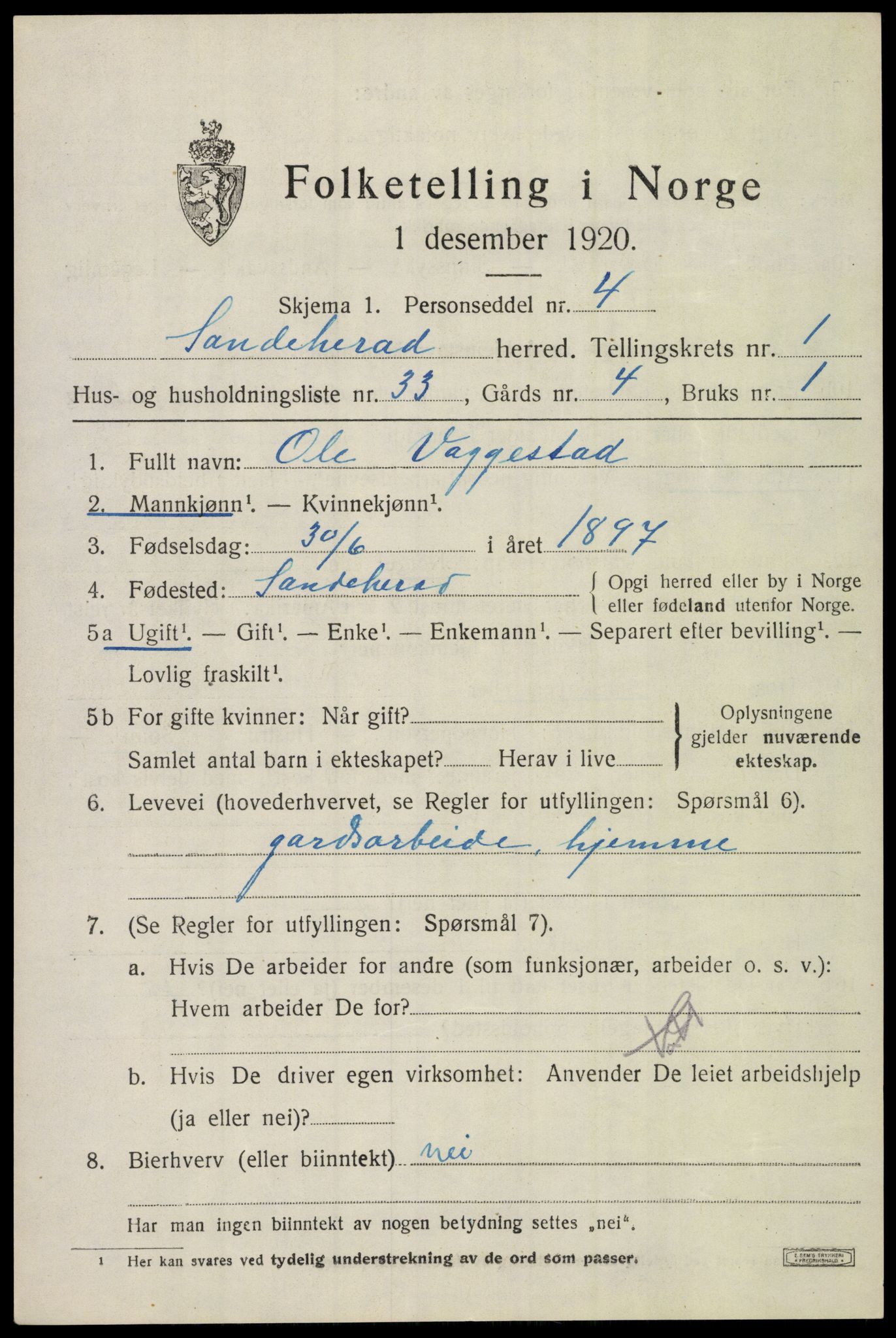 SAKO, 1920 census for Sandeherred, 1920, p. 4108