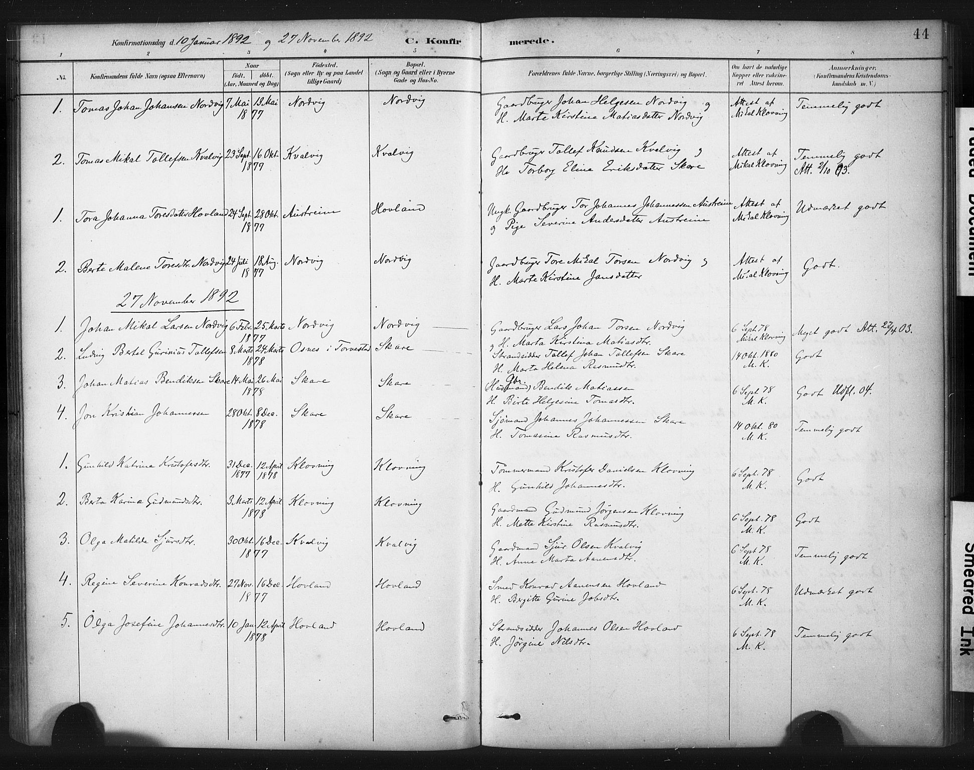 Torvastad sokneprestkontor, AV/SAST-A -101857/H/Ha/Haa/L0016: Parish register (official) no. A 15, 1883-1903, p. 44