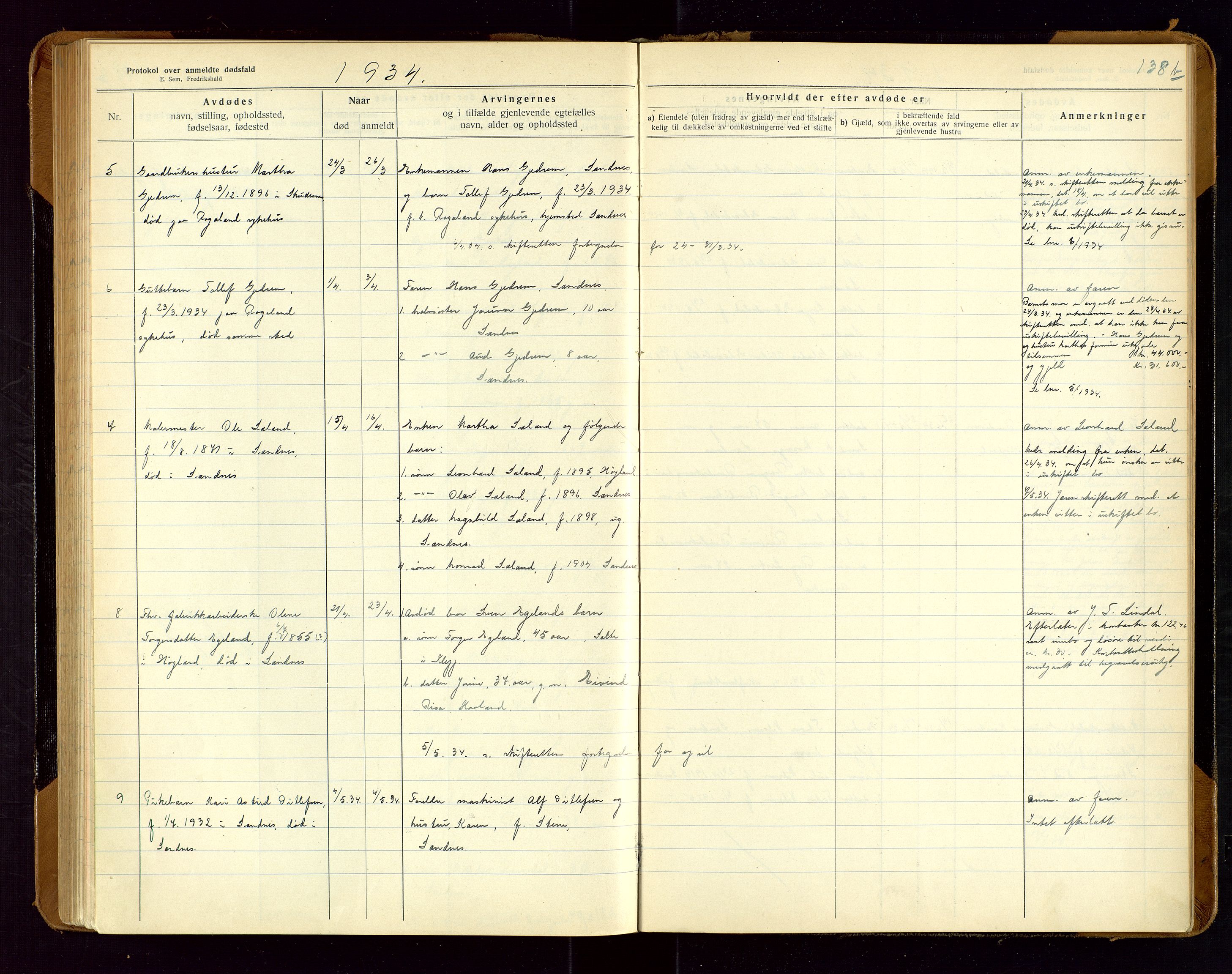 Sandnes lensmannskontor, AV/SAST-A-100167/Gga/L0001: "Protokol over anmeldte dødsfald" m/register, 1918-1940, p. 138