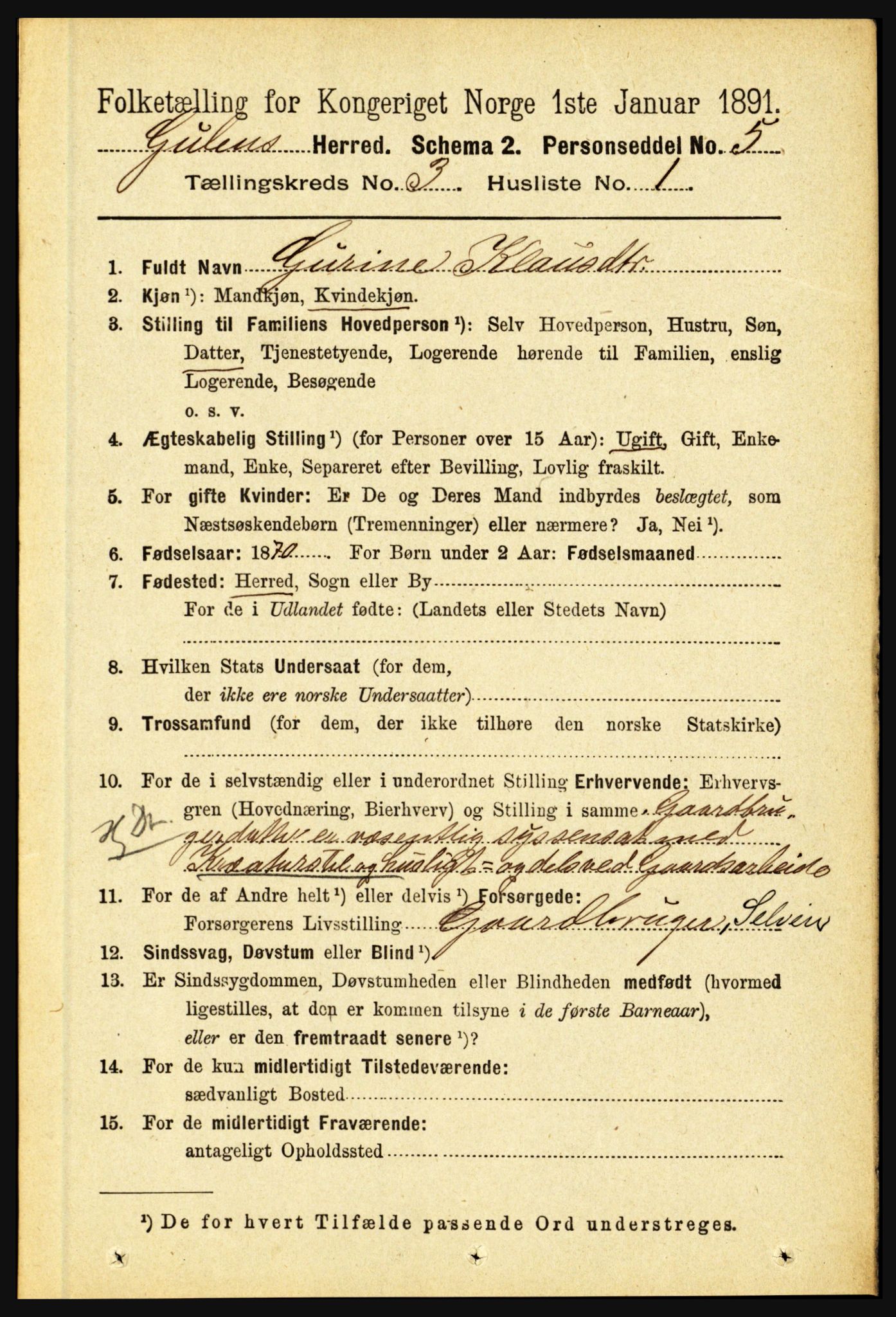 RA, 1891 census for 1411 Gulen, 1891, p. 884