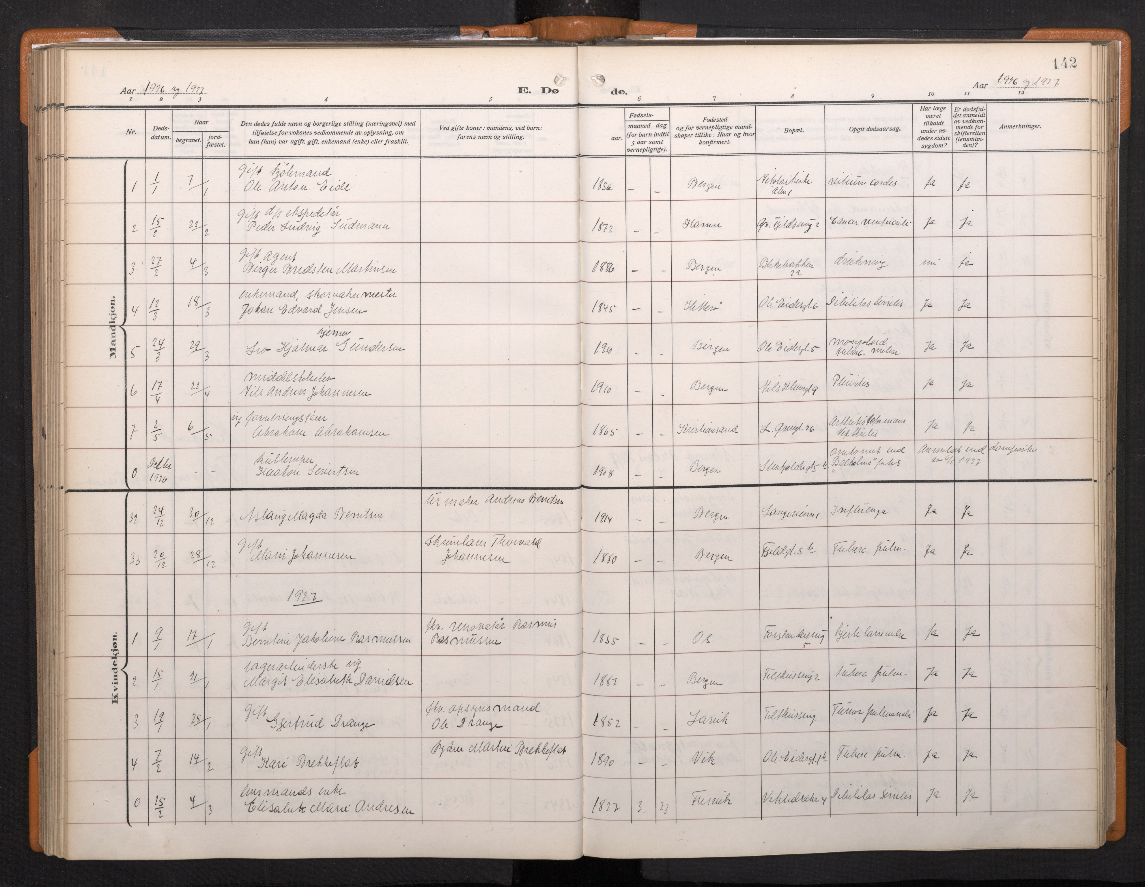 Korskirken sokneprestembete, SAB/A-76101/H/Haa/L0048: Parish register (official) no. E 6, 1910-1960, p. 141b-142a