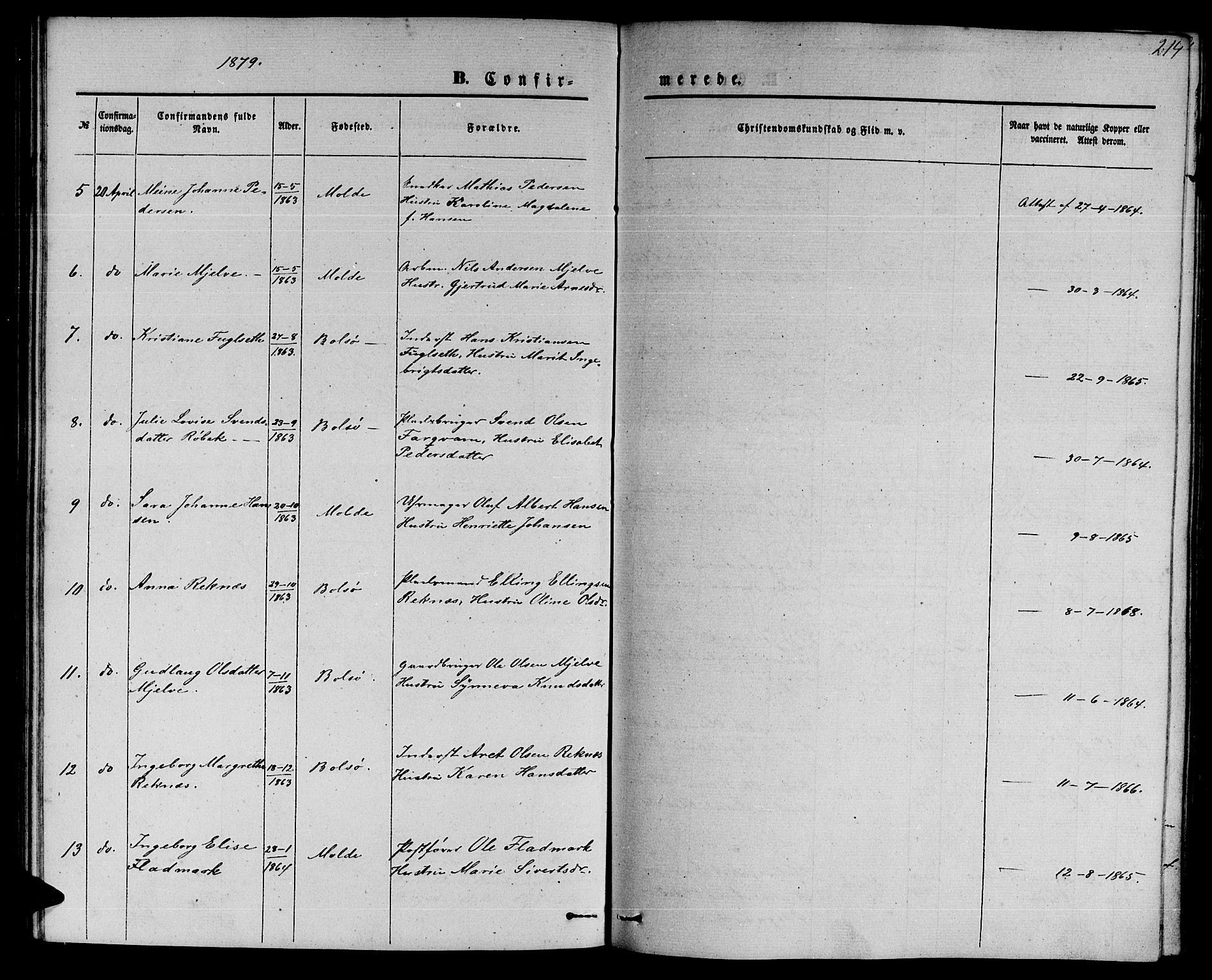 Ministerialprotokoller, klokkerbøker og fødselsregistre - Møre og Romsdal, AV/SAT-A-1454/558/L0701: Parish register (copy) no. 558C02, 1862-1879, p. 214