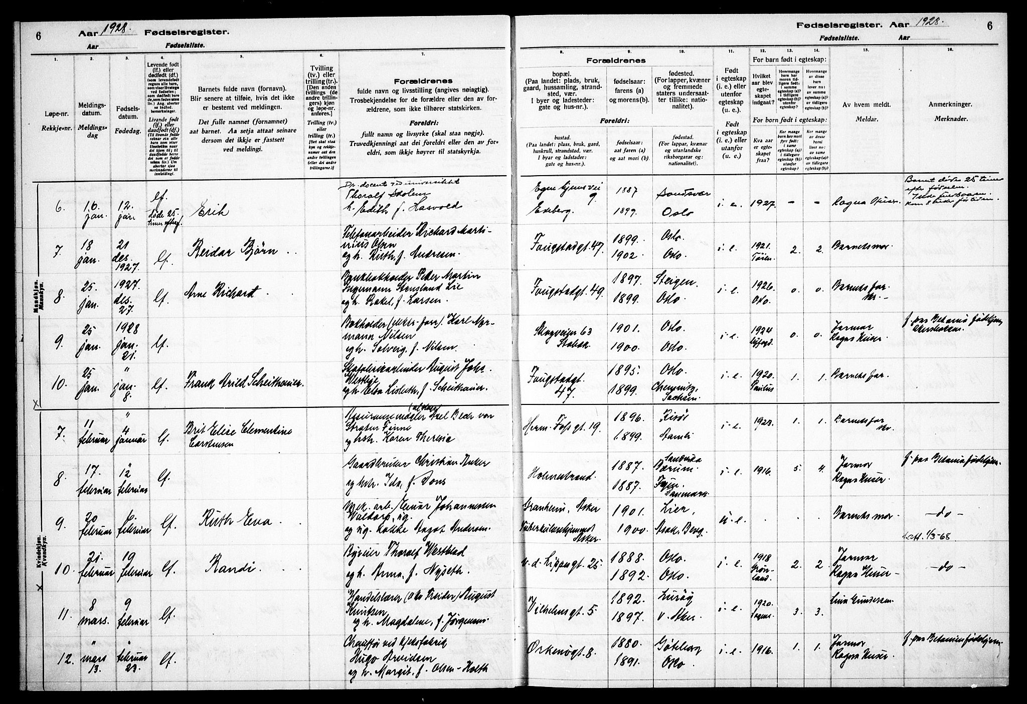 Gamle Aker prestekontor Kirkebøker, AV/SAO-A-10617a/J/L0002: Birth register no. 2, 1927-1935, p. 6