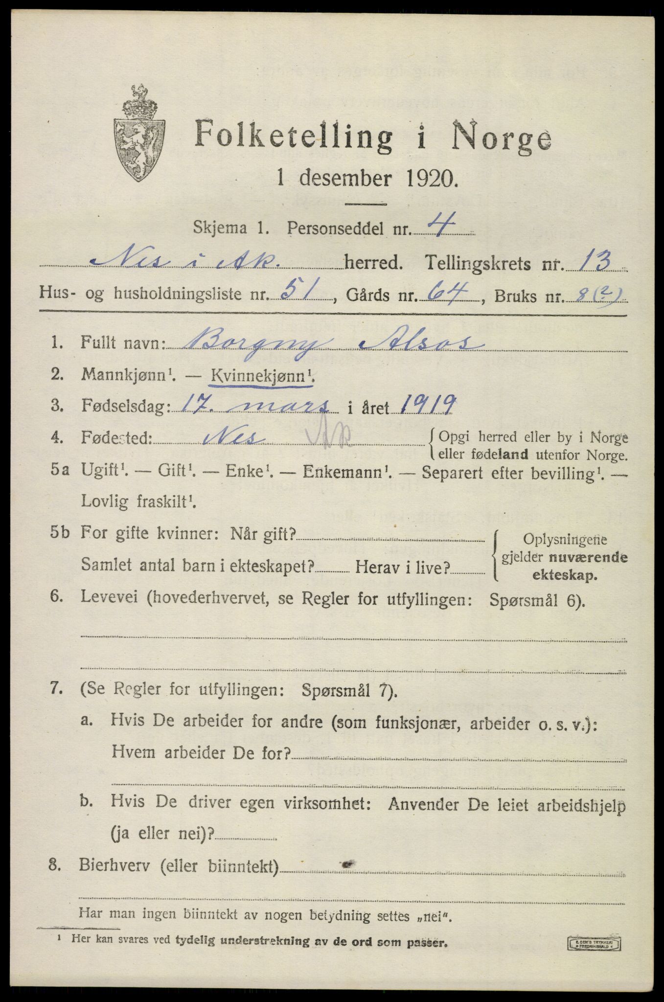 SAO, 1920 census for Nes, 1920, p. 13946