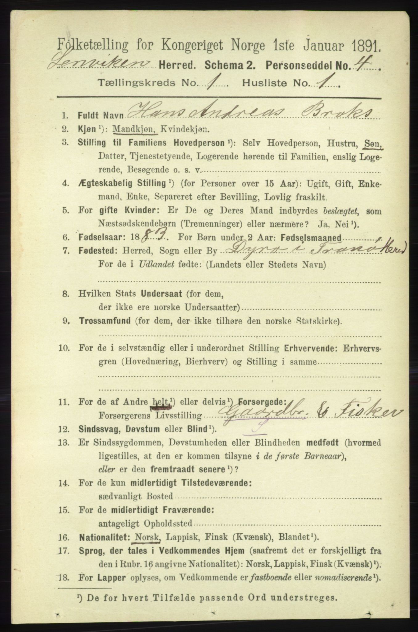 RA, 1891 census for 1931 Lenvik, 1891, p. 113