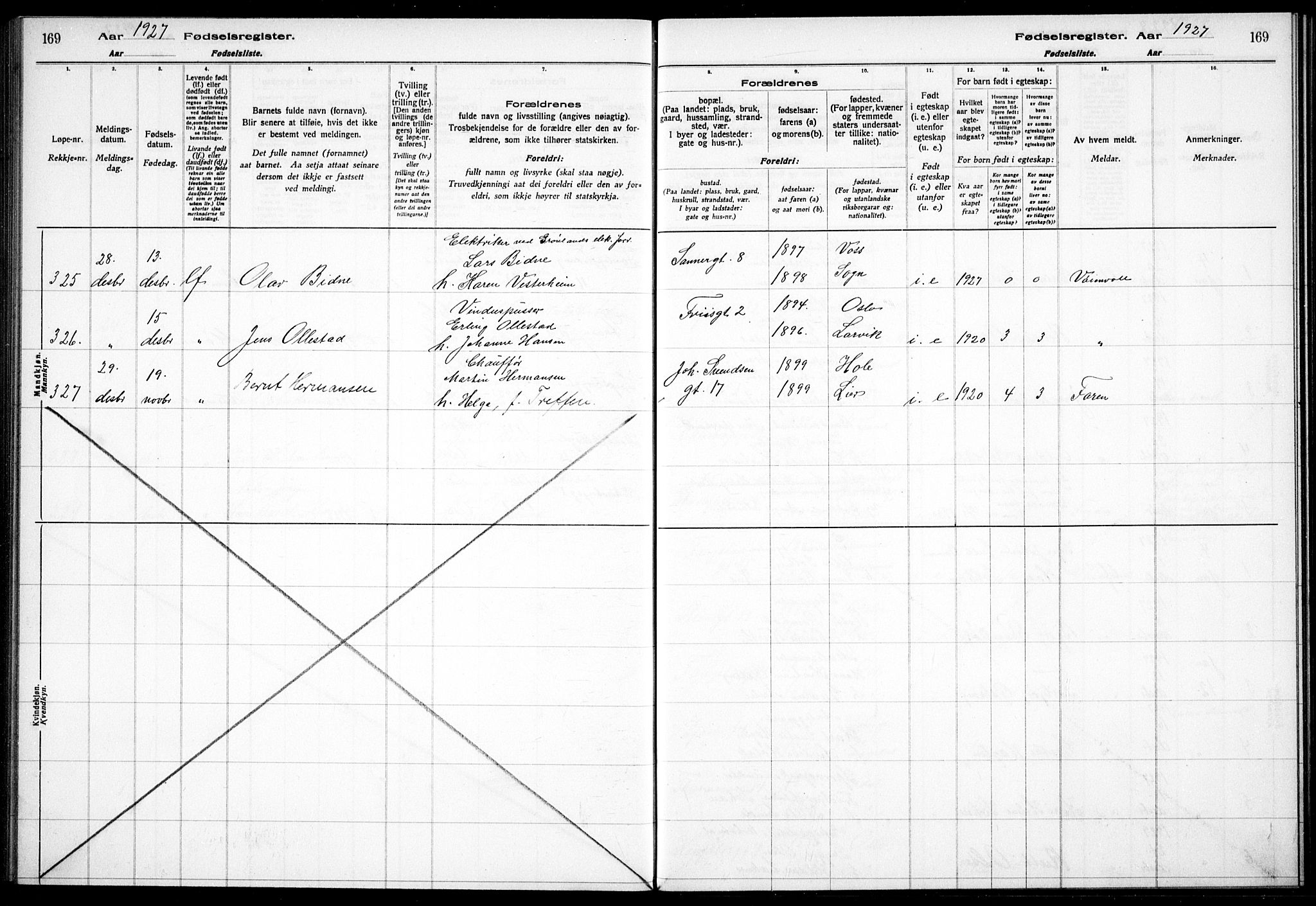 Sagene prestekontor Kirkebøker, SAO/A-10796/J/L0004: Birth register no. 4, 1925-1928, p. 169