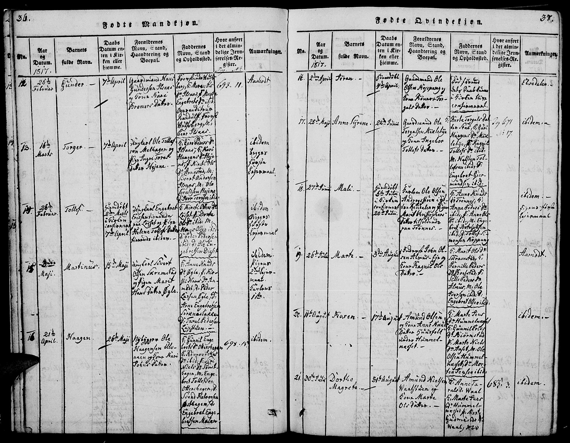 Åmot prestekontor, Hedmark, SAH/PREST-056/H/Ha/Haa/L0005: Parish register (official) no. 5, 1815-1841, p. 36-37