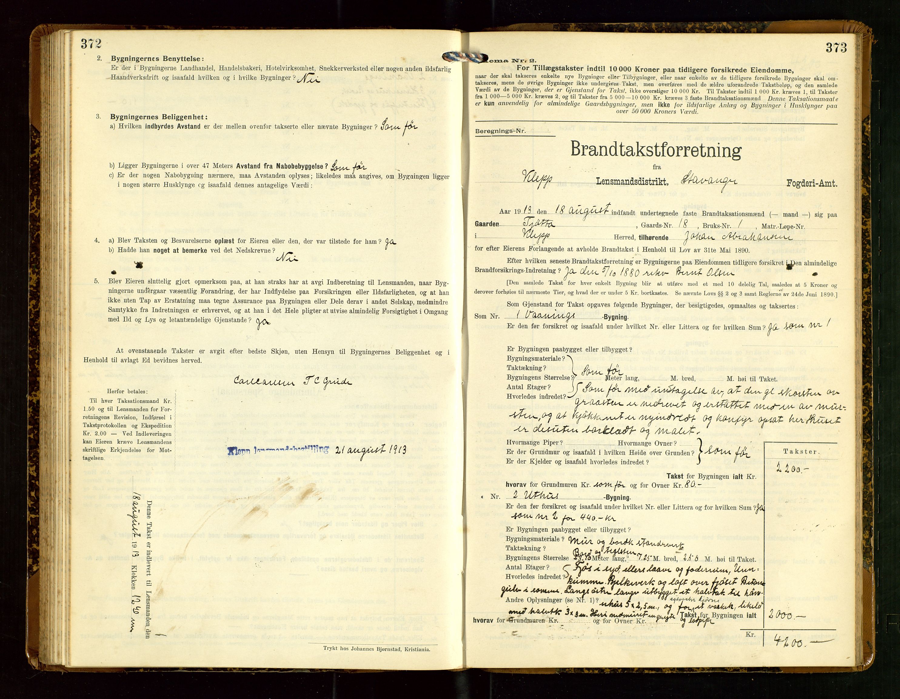 Klepp lensmannskontor, AV/SAST-A-100163/Goc/L0007: "Brandtaxationsprotokol" m/register, 1911-1915, p. 372-373