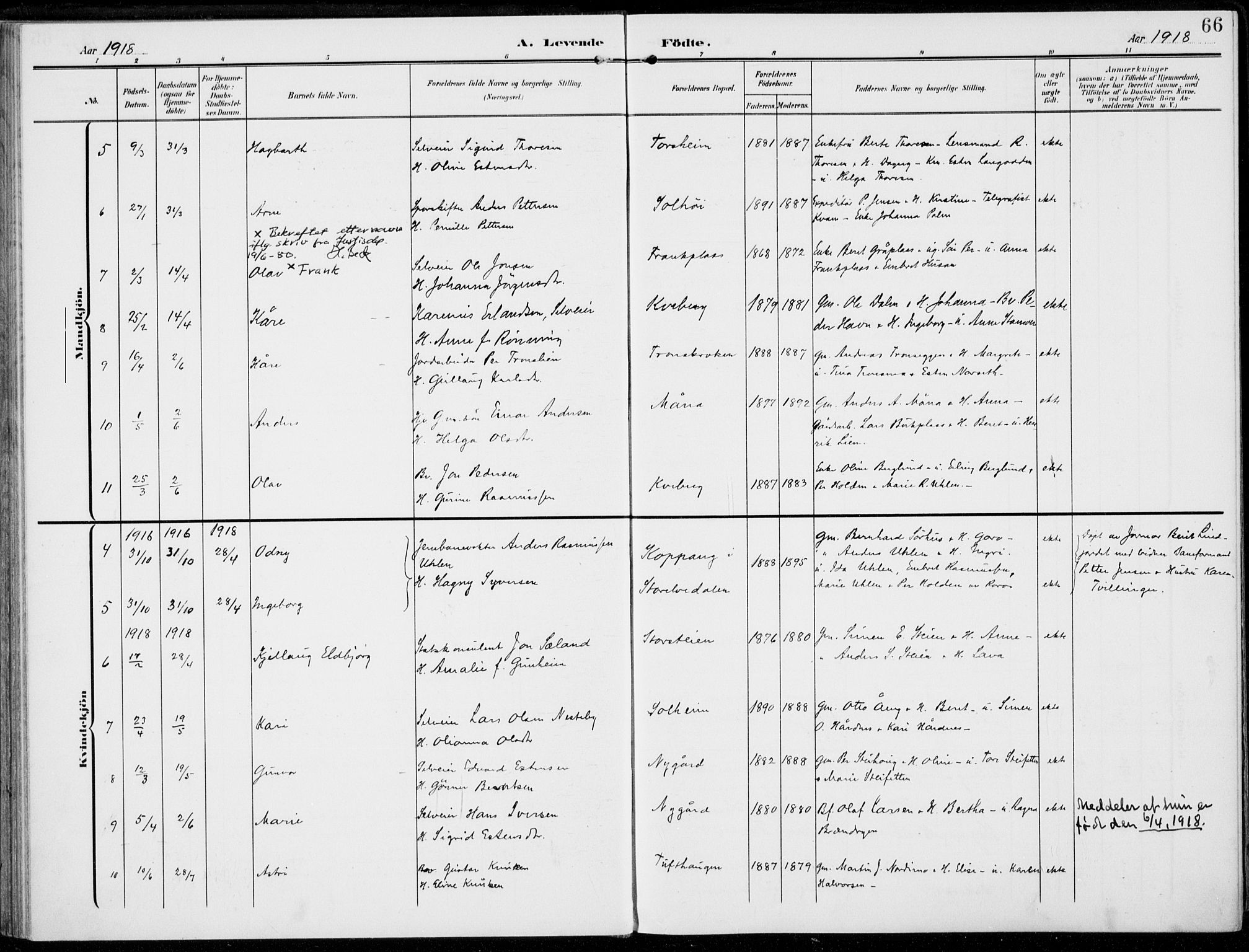 Alvdal prestekontor, AV/SAH-PREST-060/H/Ha/Haa/L0004: Parish register (official) no. 4, 1907-1919, p. 66