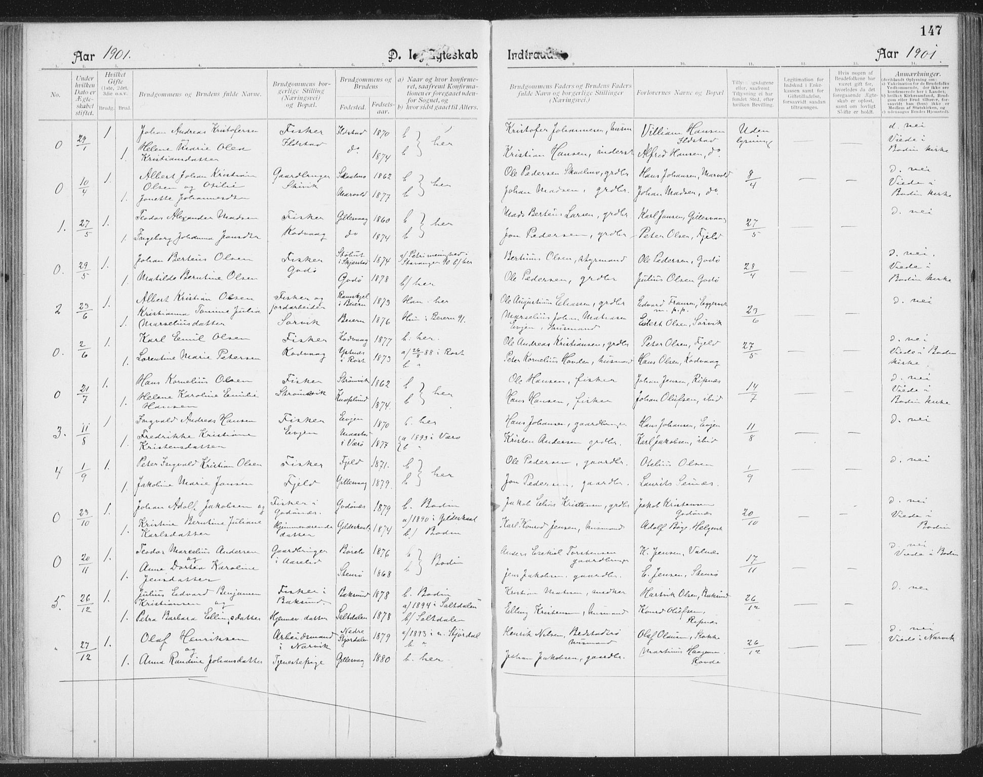 Ministerialprotokoller, klokkerbøker og fødselsregistre - Nordland, SAT/A-1459/804/L0081: Parish register (official) no. 804A02, 1901-1915, p. 147