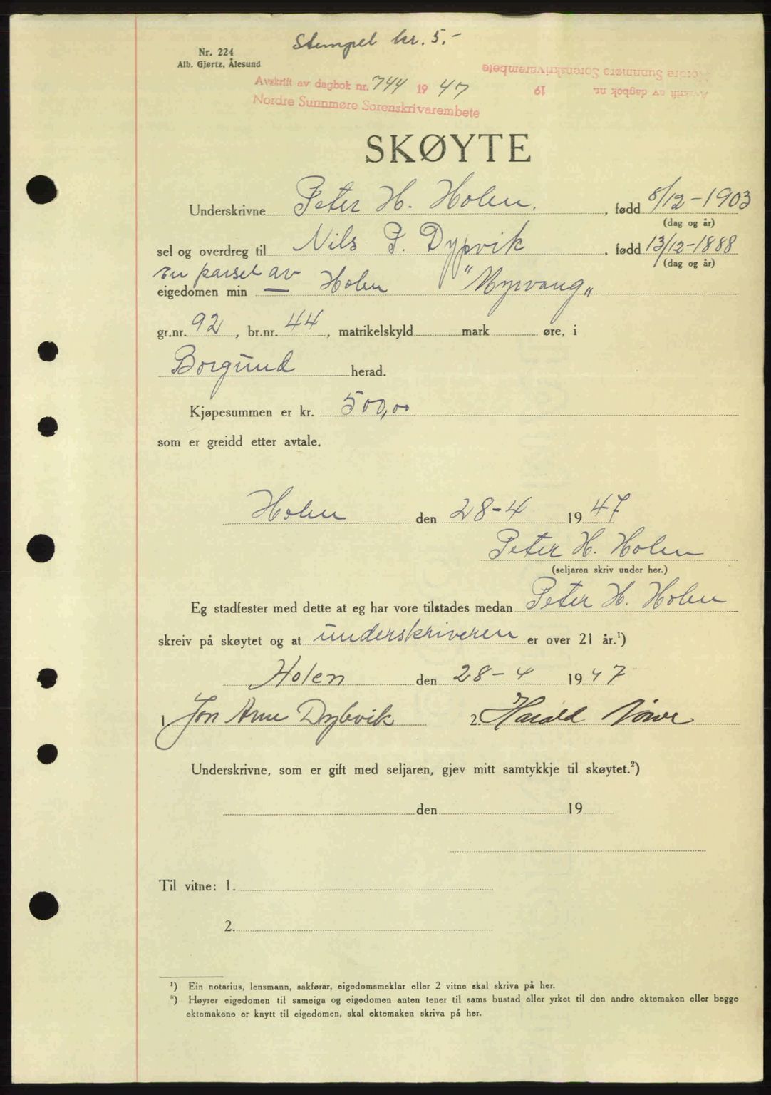 Nordre Sunnmøre sorenskriveri, AV/SAT-A-0006/1/2/2C/2Ca: Mortgage book no. A24, 1947-1947, Diary no: : 744/1947