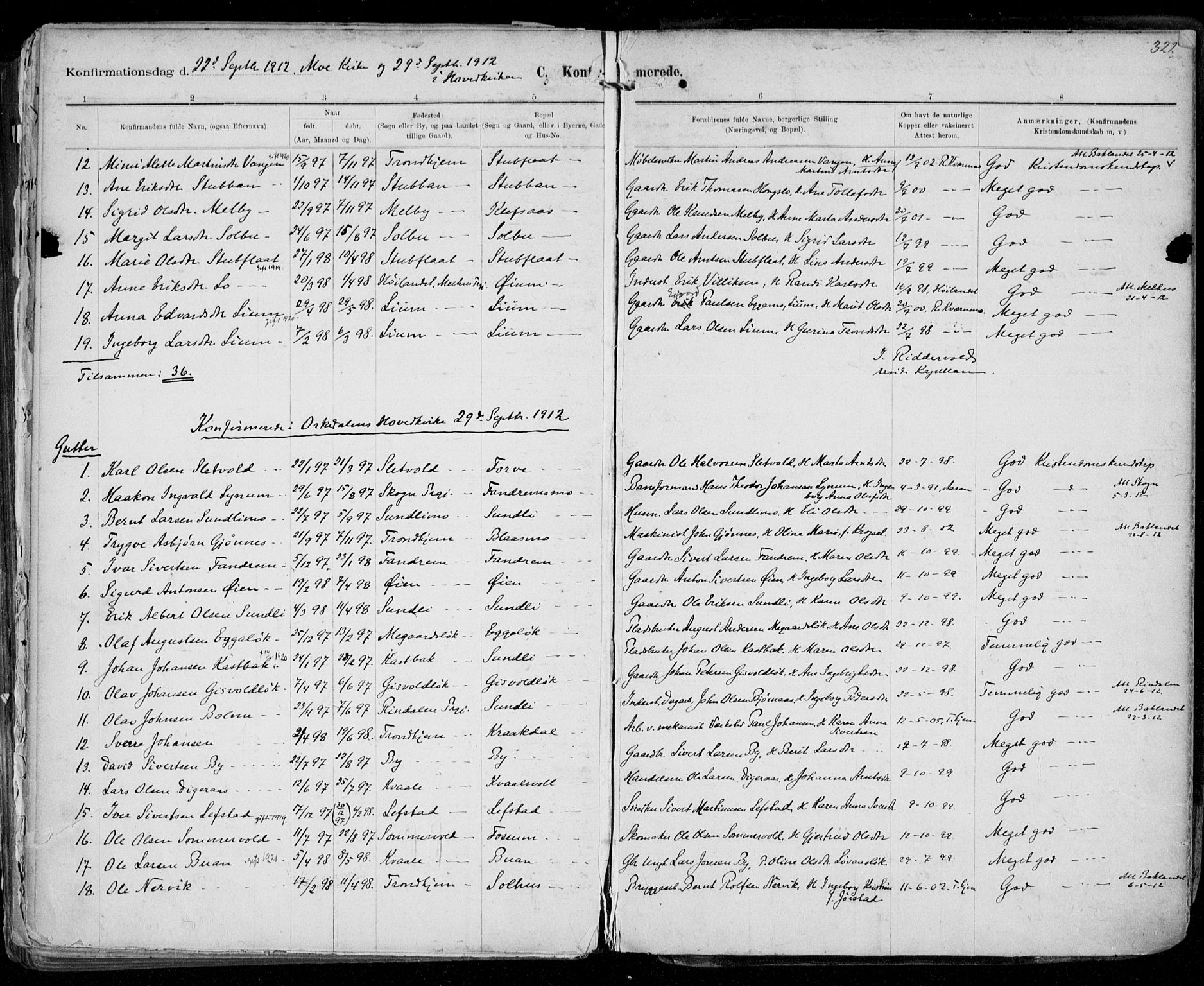 Ministerialprotokoller, klokkerbøker og fødselsregistre - Sør-Trøndelag, SAT/A-1456/668/L0811: Parish register (official) no. 668A11, 1894-1913, p. 322