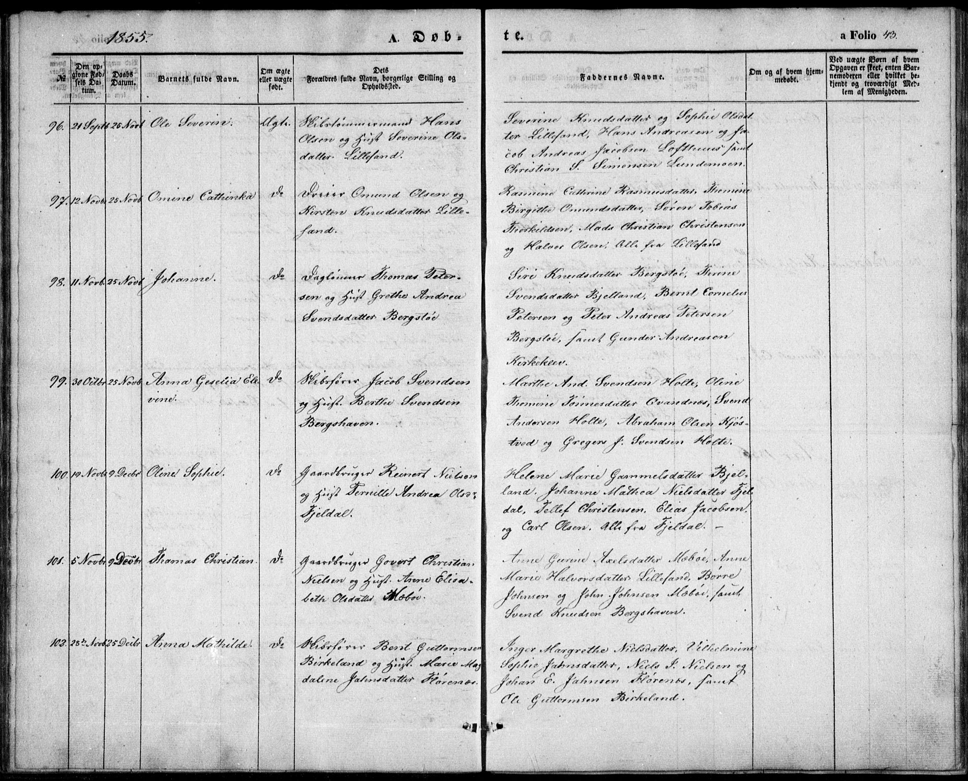 Vestre Moland sokneprestkontor, AV/SAK-1111-0046/F/Fb/Fbb/L0003: Parish register (copy) no. B 3, 1851-1861, p. 43