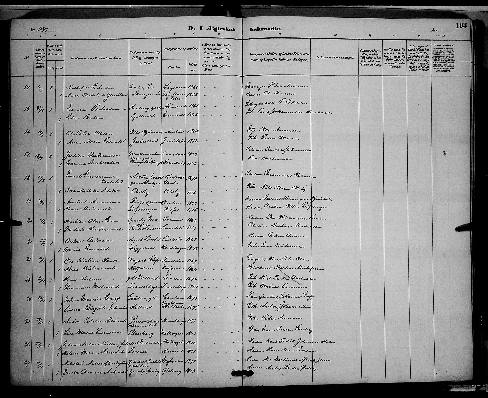 Vestre Toten prestekontor, SAH/PREST-108/H/Ha/Hab/L0009: Parish register (copy) no. 9, 1888-1900, p. 193