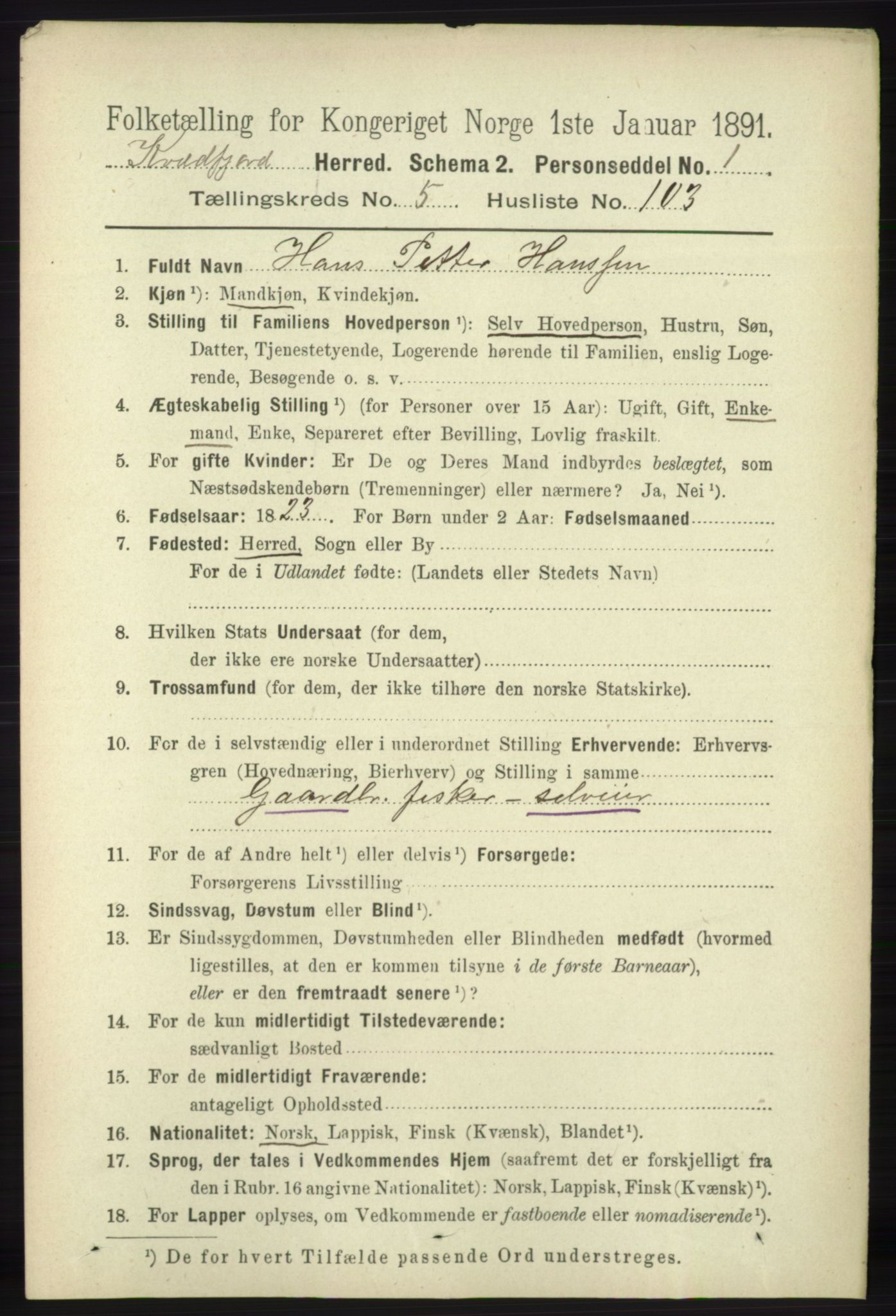 RA, 1891 census for 1911 Kvæfjord, 1891, p. 3488