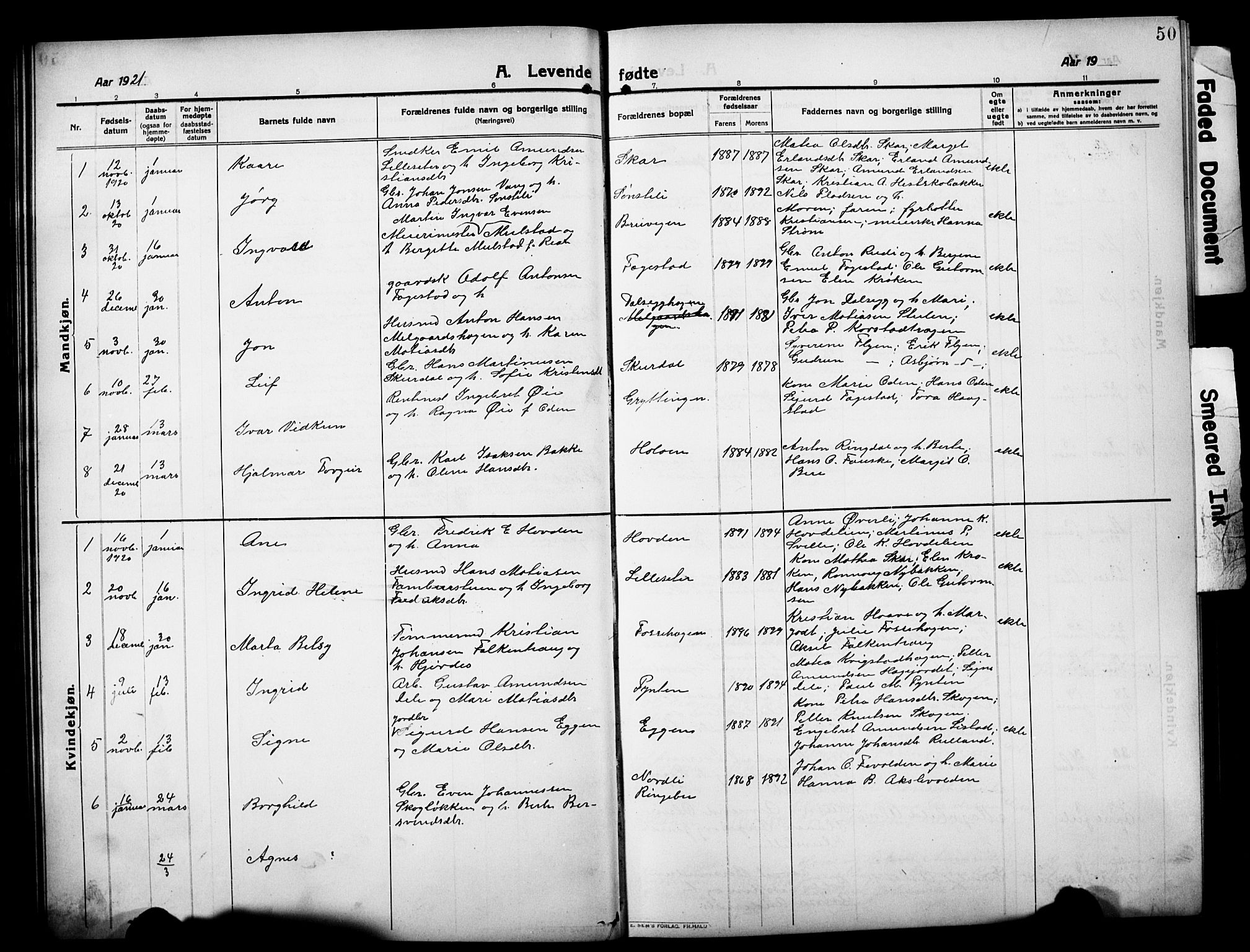 Sør-Fron prestekontor, AV/SAH-PREST-010/H/Ha/Hab/L0005: Parish register (copy) no. 5, 1912-1930, p. 50