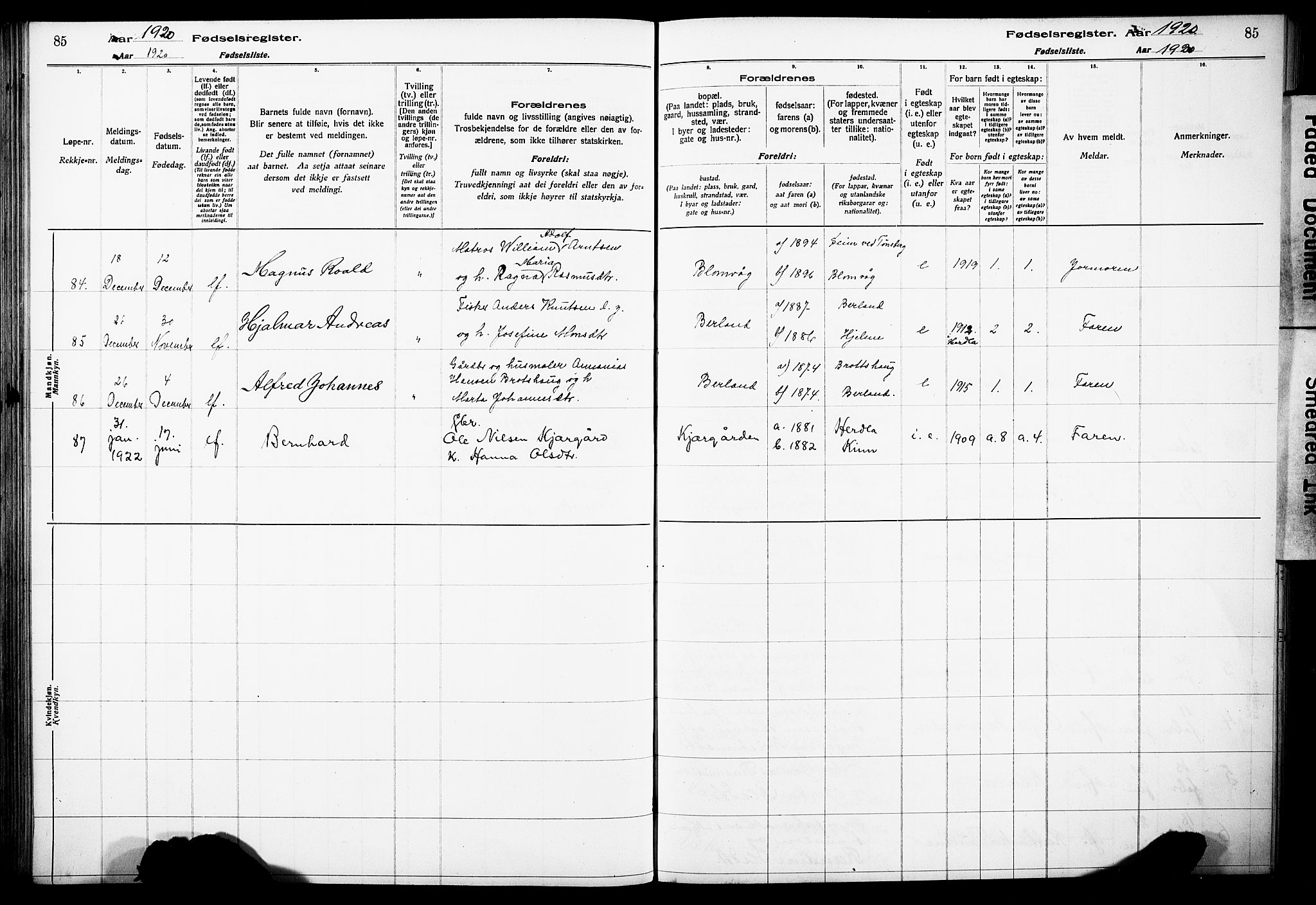 Herdla Sokneprestembete, SAB/A-75701/I/Id/L00A1: Birth register no. A 1, 1916-1929, p. 85