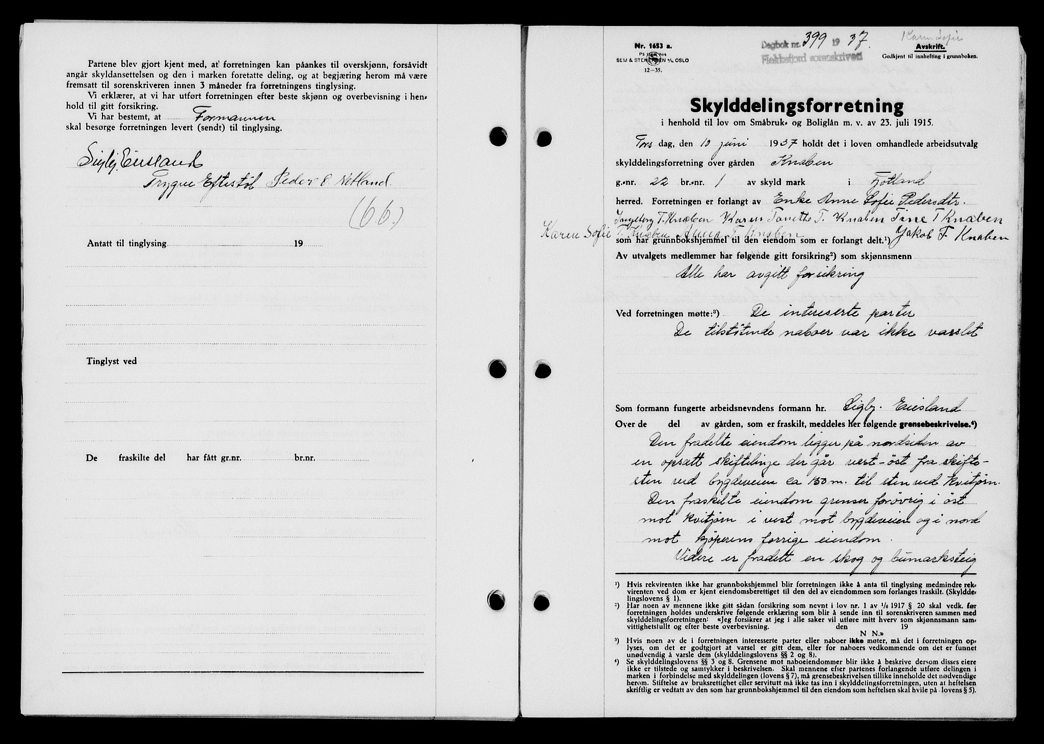 Flekkefjord sorenskriveri, SAK/1221-0001/G/Gb/Gba/L0053: Mortgage book no. A-1, 1936-1937, Diary no: : 399/1937