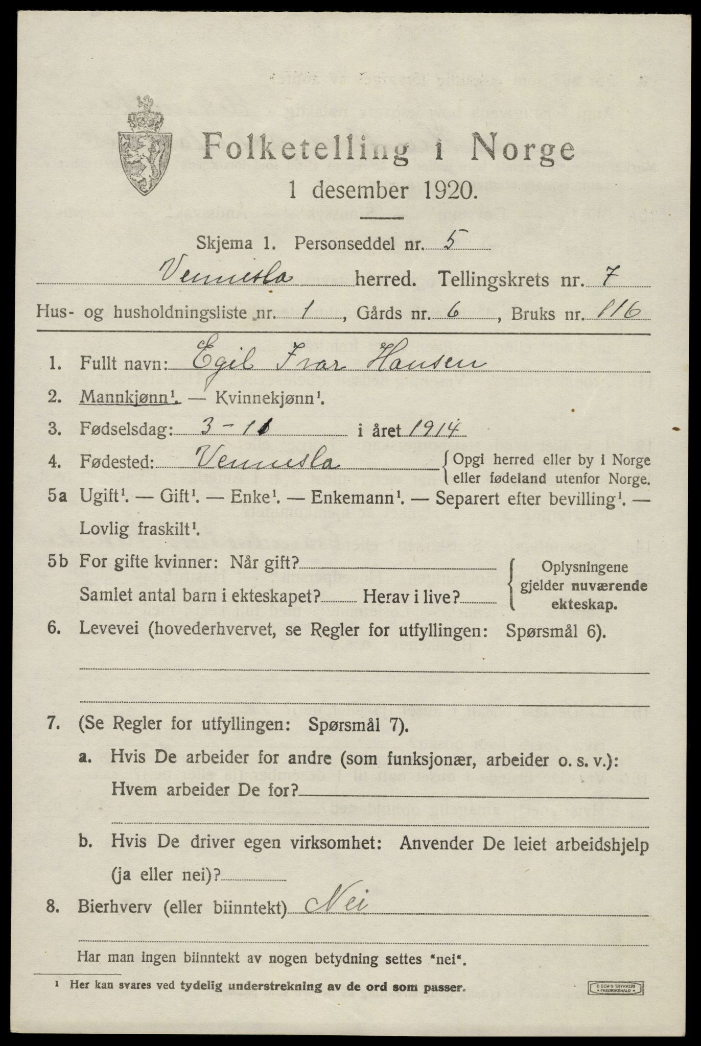 SAK, 1920 census for Vennesla, 1920, p. 4732