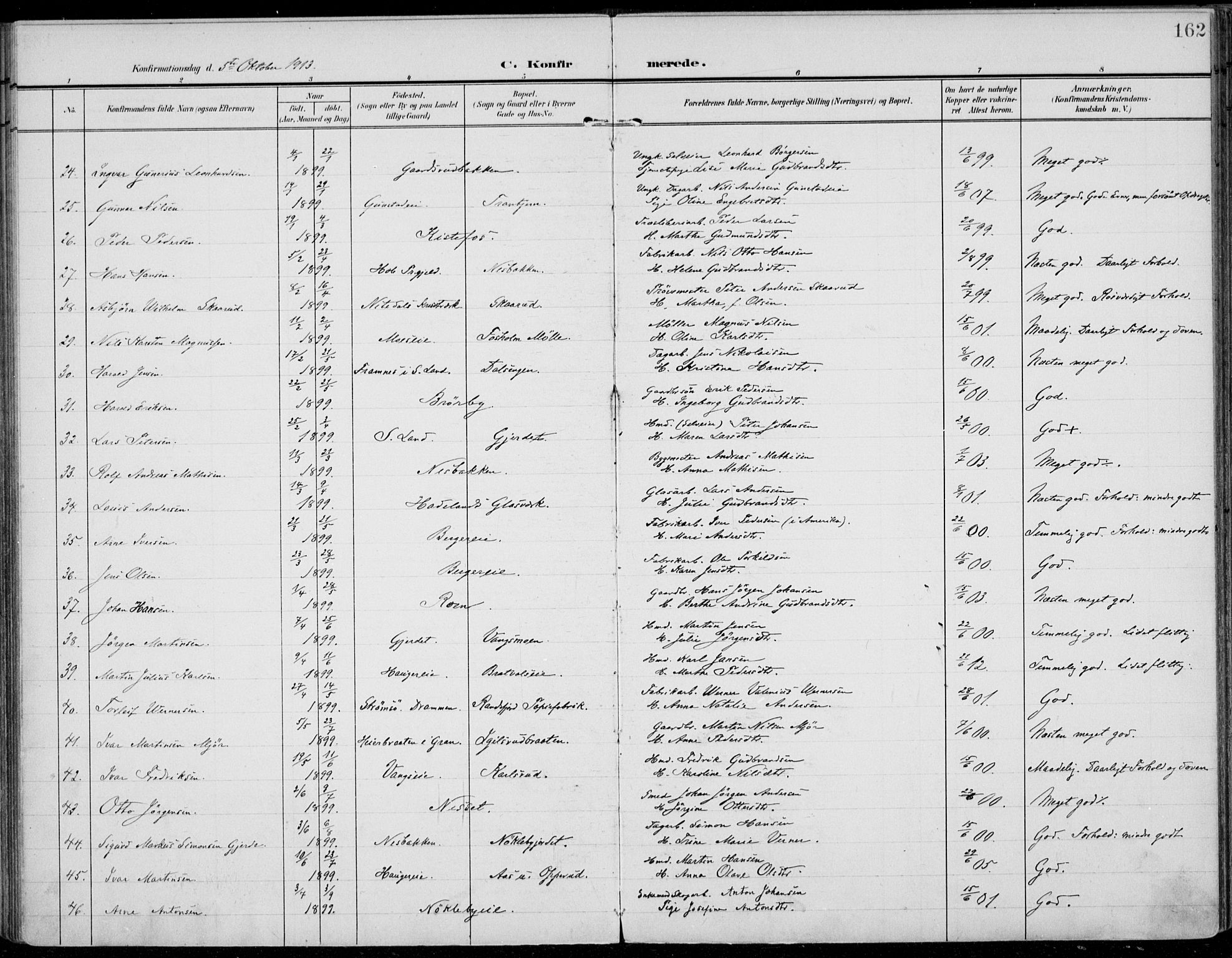 Jevnaker prestekontor, SAH/PREST-116/H/Ha/Haa/L0011: Parish register (official) no. 11, 1902-1913, p. 162