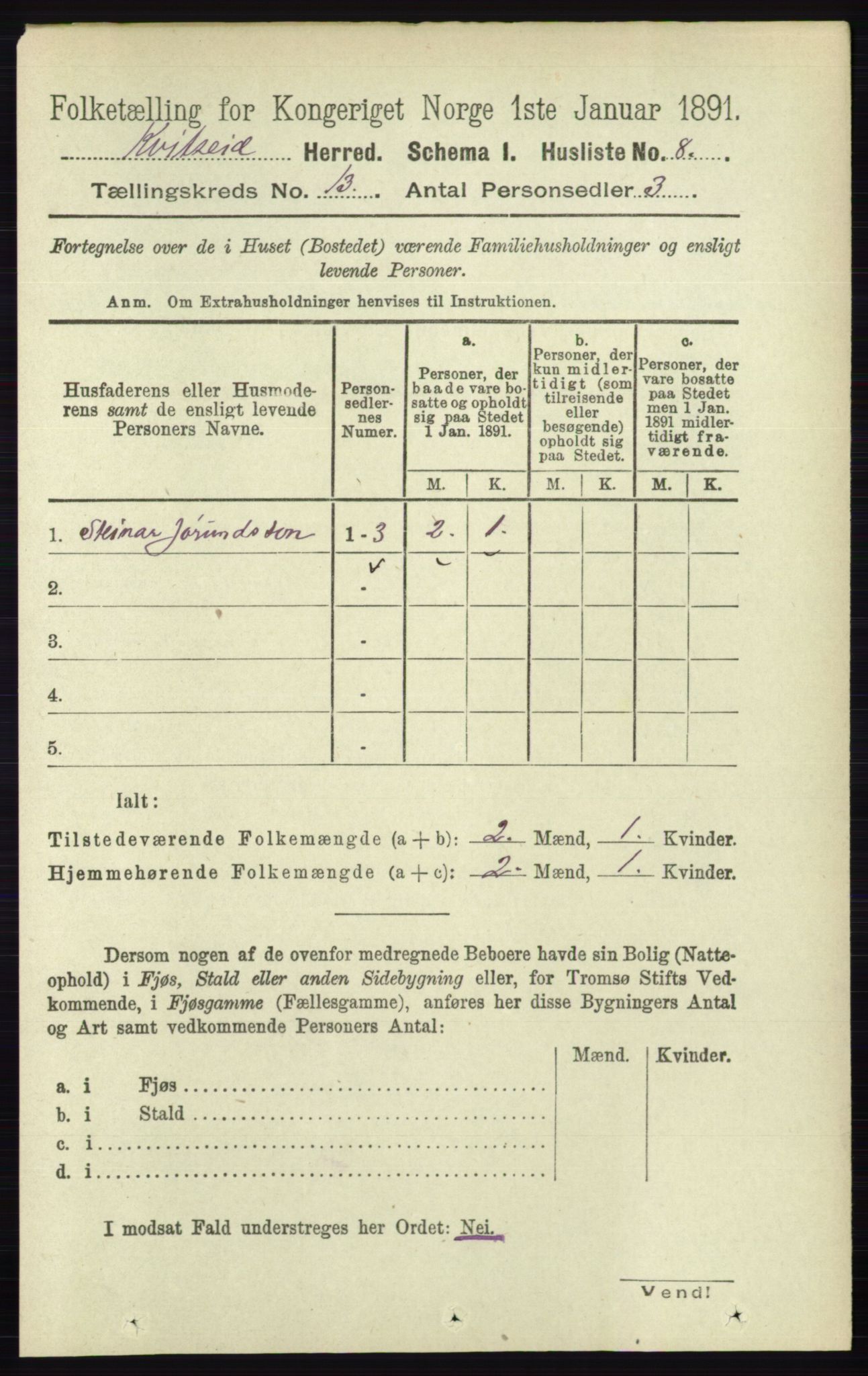 RA, 1891 census for 0829 Kviteseid, 1891, p. 3047