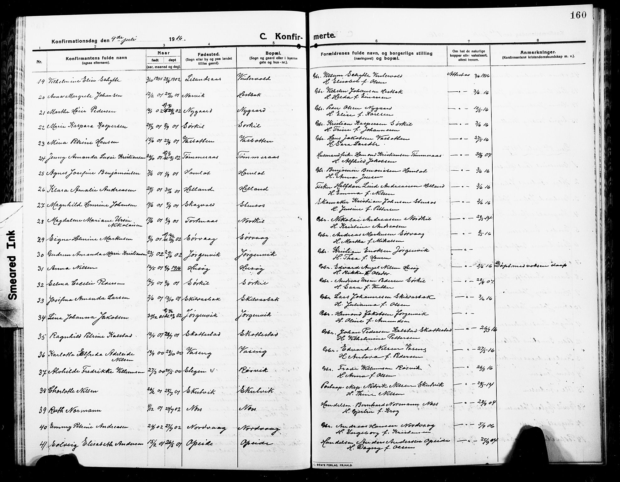 Ministerialprotokoller, klokkerbøker og fødselsregistre - Nordland, AV/SAT-A-1459/859/L0861: Parish register (copy) no. 859C07, 1910-1925, p. 160