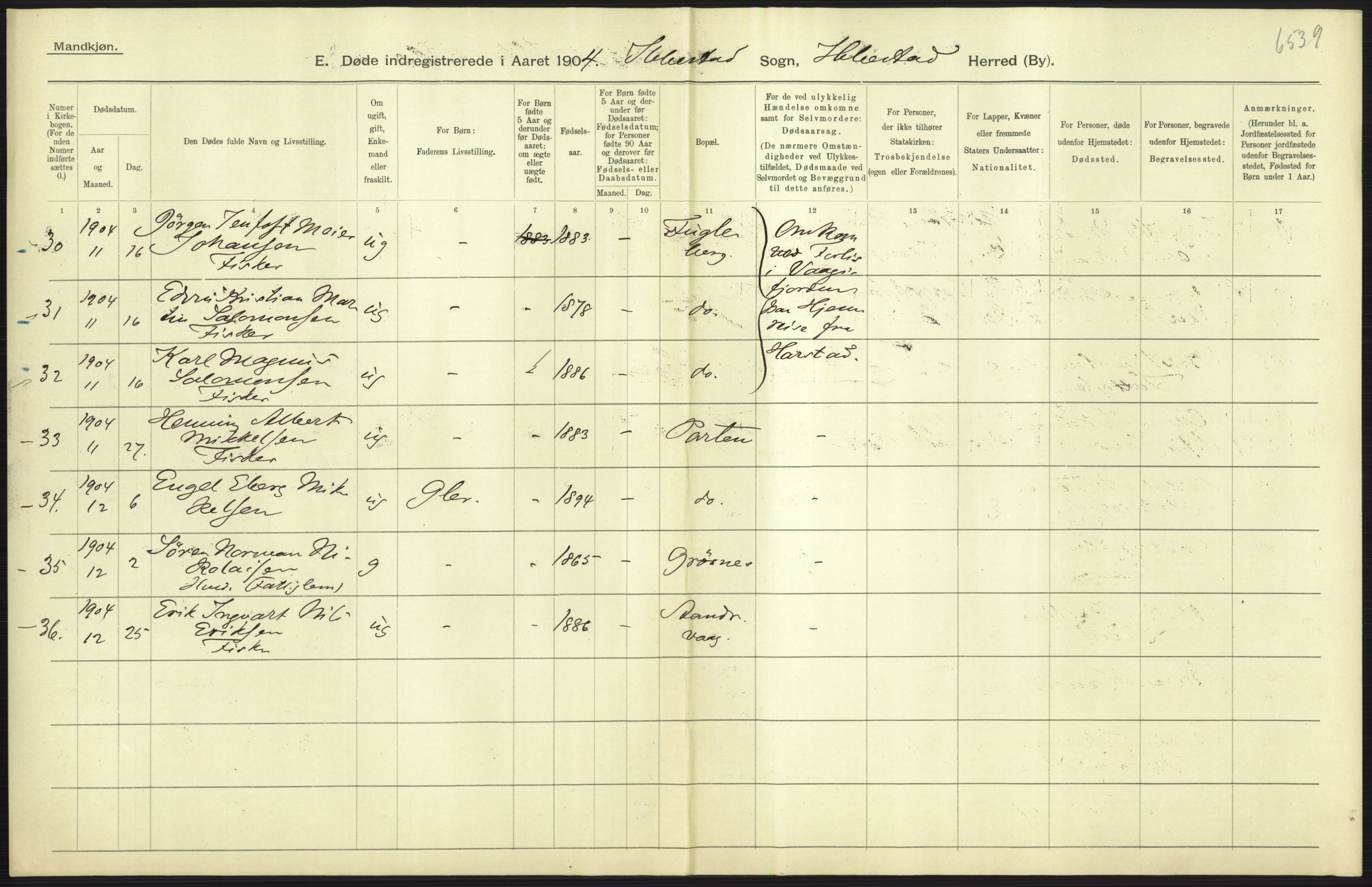 Statistisk sentralbyrå, Sosiodemografiske emner, Befolkning, RA/S-2228/D/Df/Dfa/Dfab/L0022: Tromsø amt: Fødte, gifte, døde, 1904, p. 517