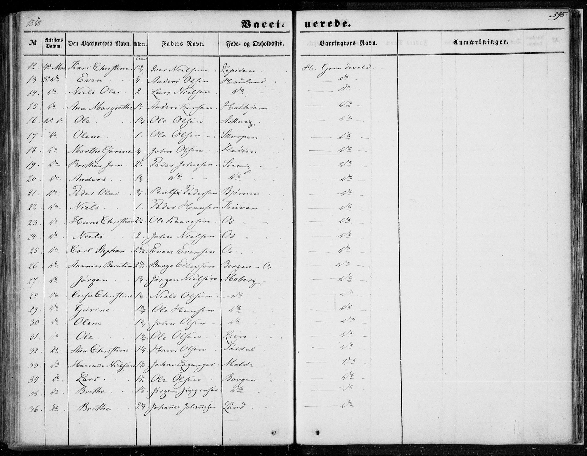 Os sokneprestembete, SAB/A-99929: Parish register (official) no. A 16, 1851-1859, p. 395