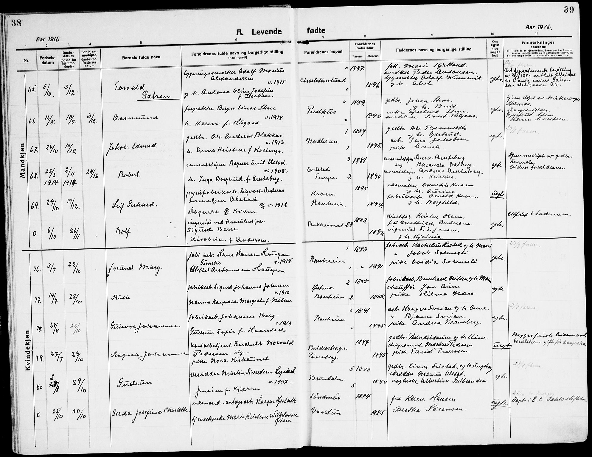 Ministerialprotokoller, klokkerbøker og fødselsregistre - Sør-Trøndelag, AV/SAT-A-1456/607/L0321: Parish register (official) no. 607A05, 1916-1935, p. 38-39