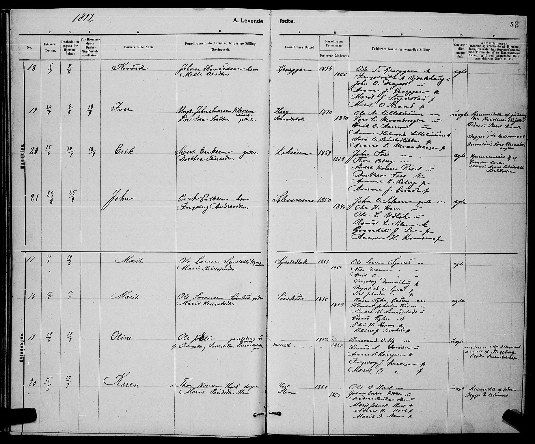 Ministerialprotokoller, klokkerbøker og fødselsregistre - Sør-Trøndelag, AV/SAT-A-1456/672/L0863: Parish register (copy) no. 672C02, 1888-1901, p. 43