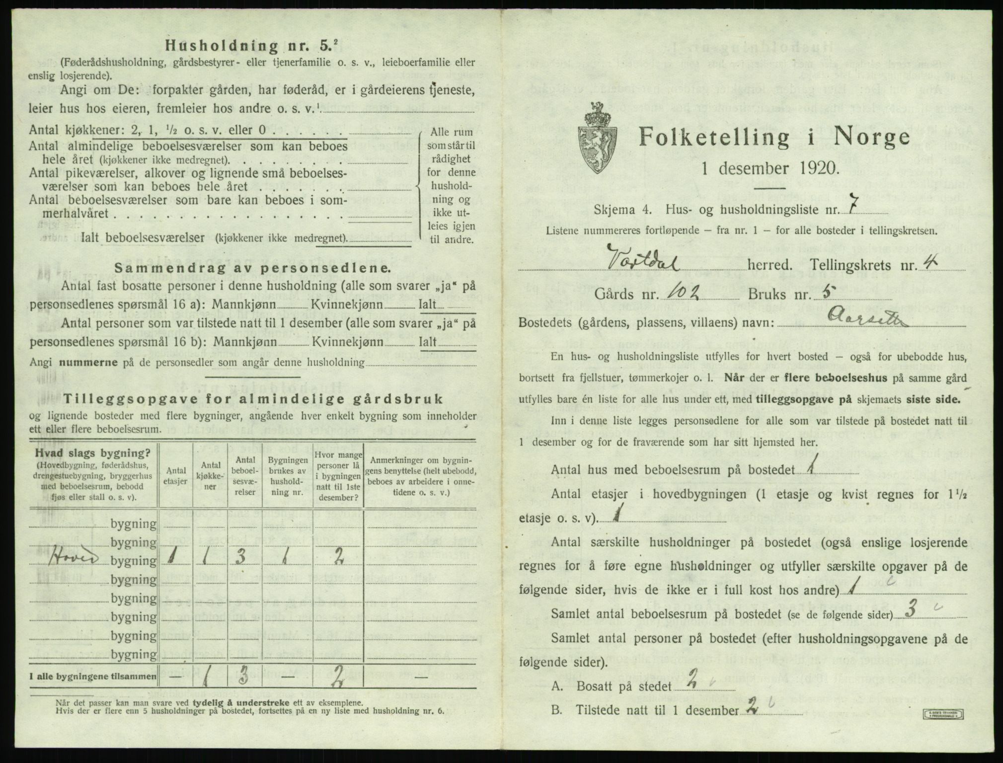 SAT, 1920 census for Vartdal, 1920, p. 231